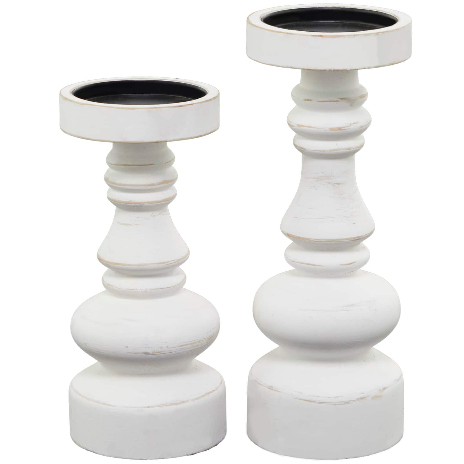 White Wood Turned Style Pillar Candle Holder Set