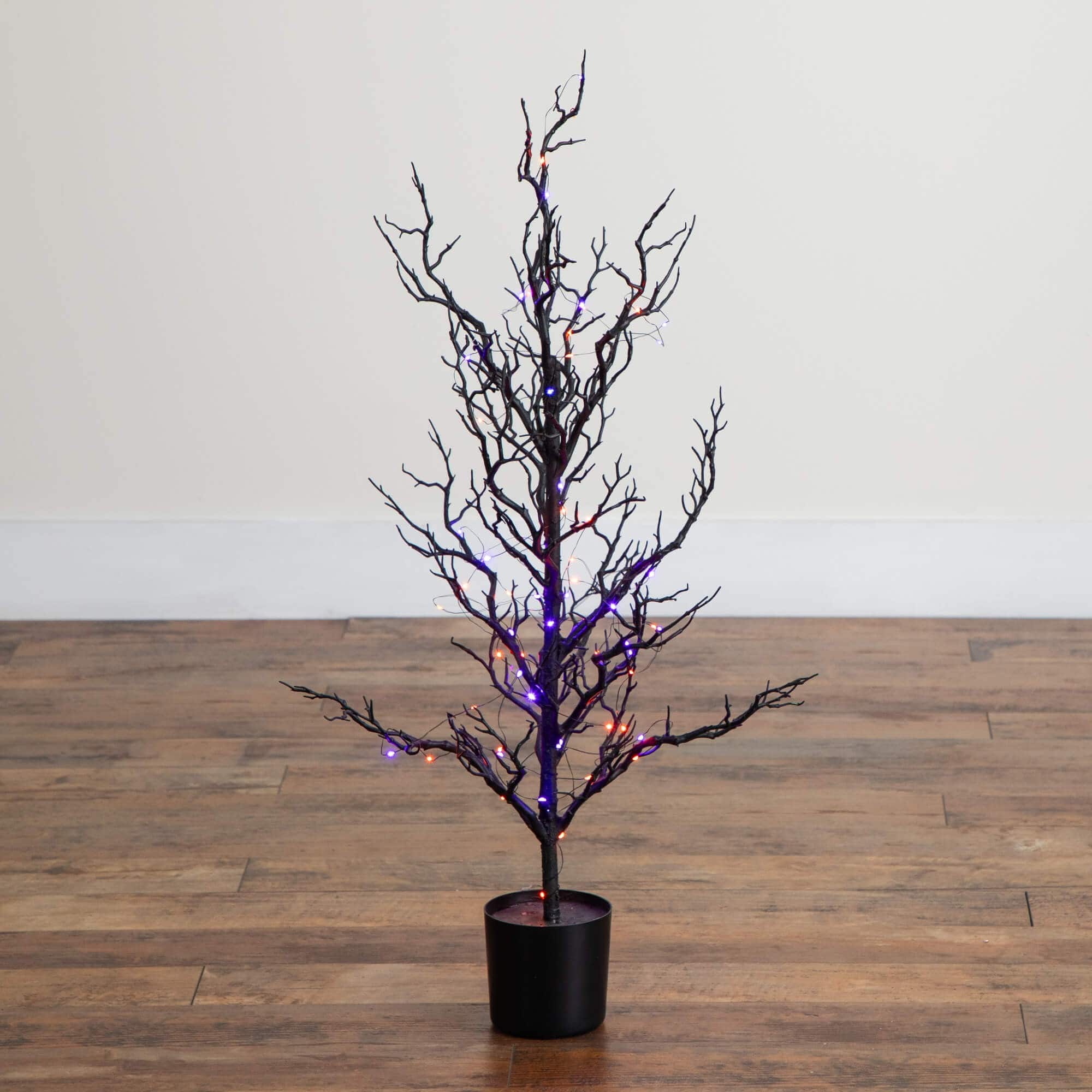 3ft. Pre-Lit Artificial Halloween Black Spooky Twig Tree with 100 Orange & Purple Copper Wire String LED Lights
