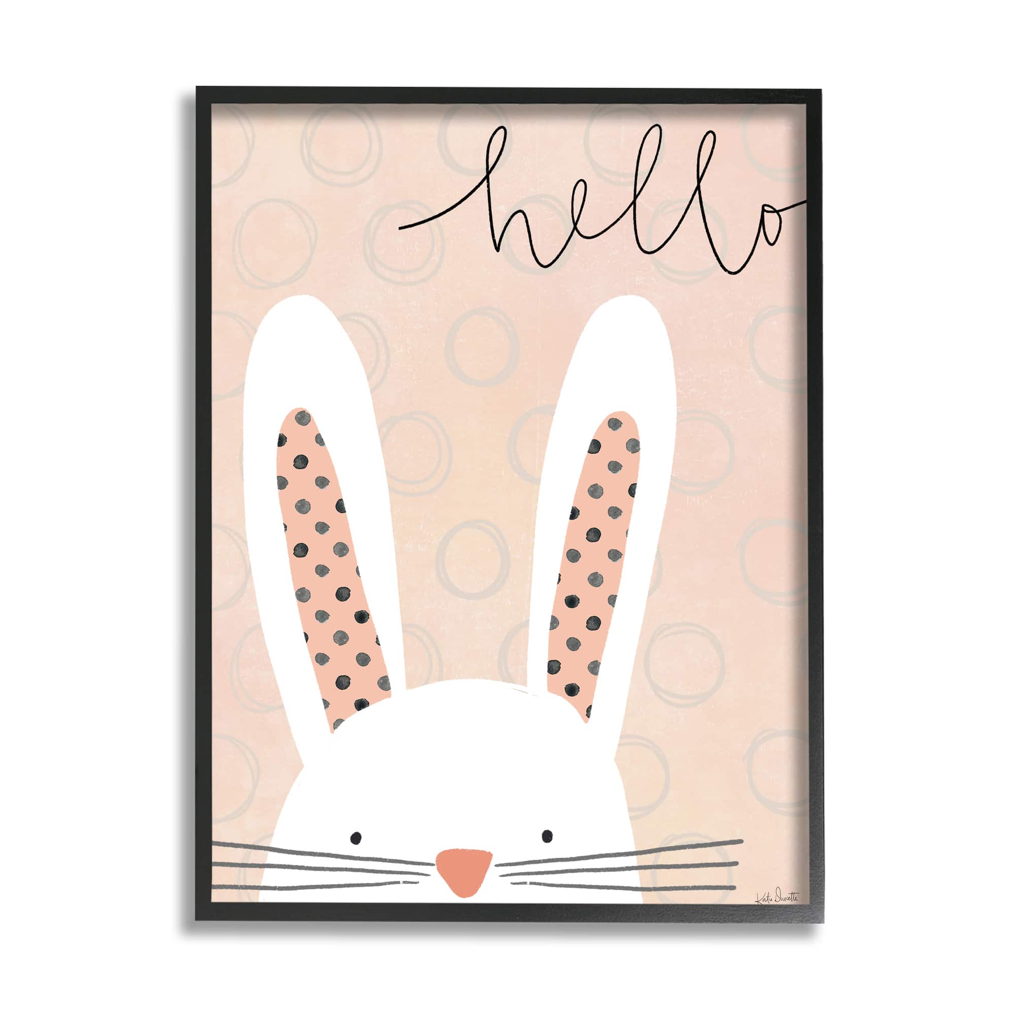 Stupell Industries Hello Bunny Phrase Baby Rabbit Polka Dot Patterns in Black Frame Wall Art