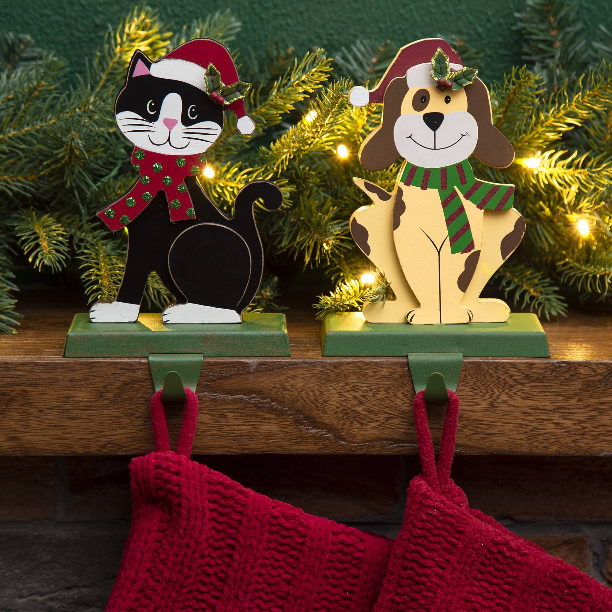 Glitzhome® 8" Wooden & Metal Cat & Dog Stocking Holder Set
