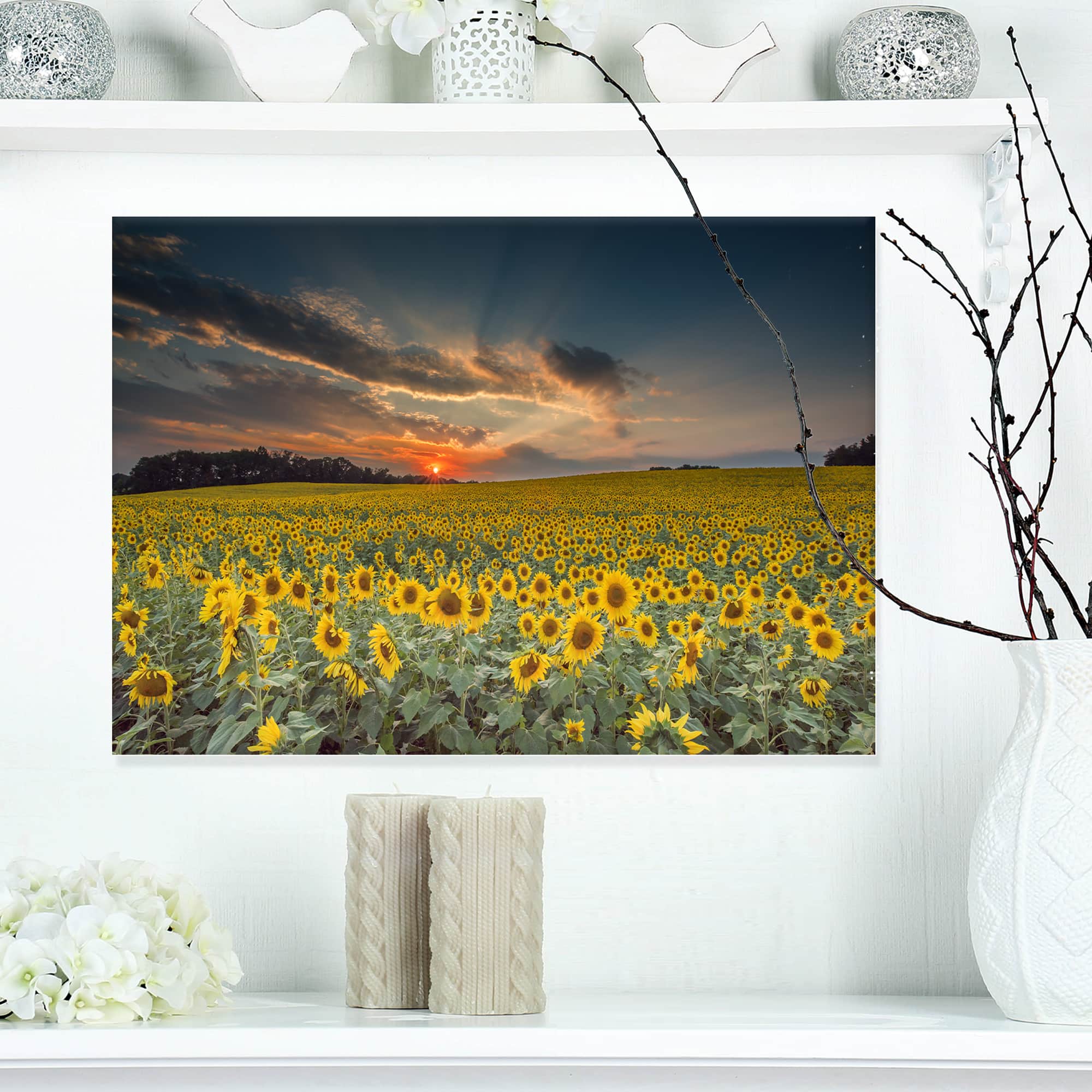 Designart - Sunflower Sunset with Cloudy Sky - Large Landscape Canvas Art