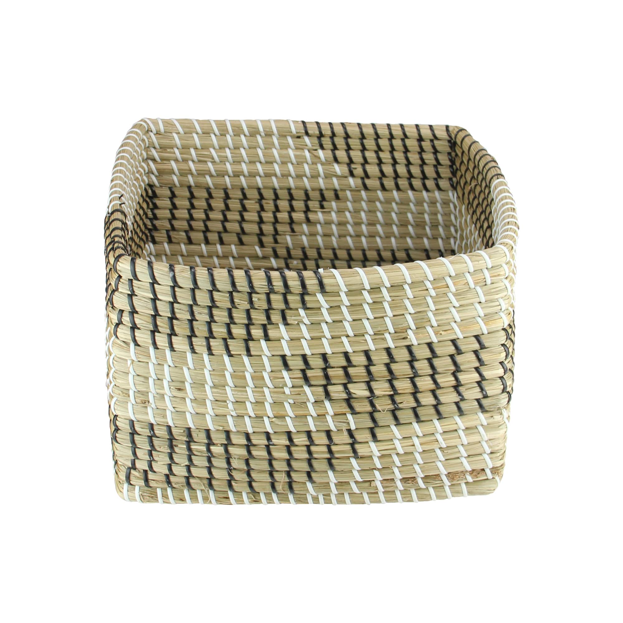 12.25" Square Woven Seagrass Basket with Black & White Accents