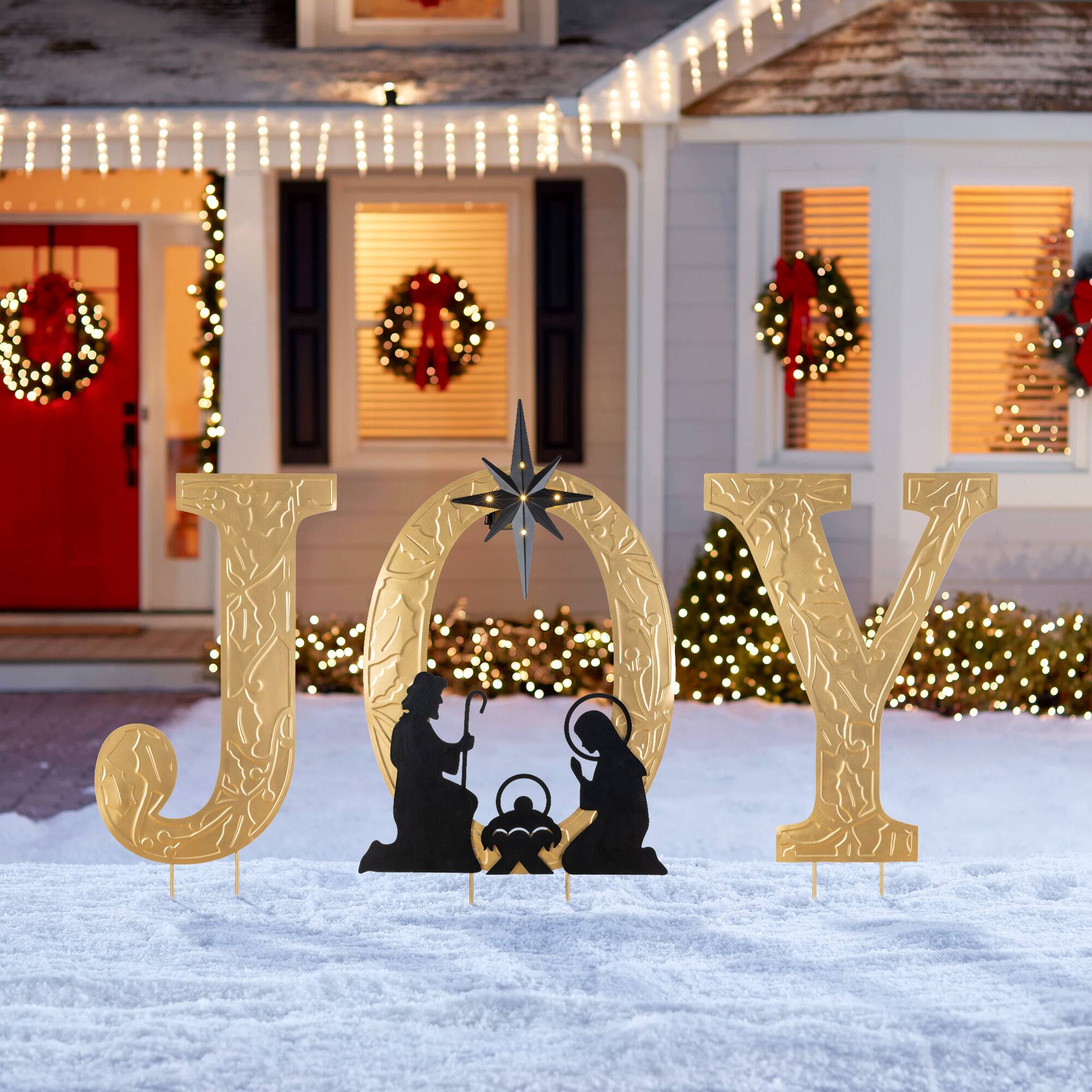 Glitzhome® Set of 3 Lighted Christmas Metal Embossed Gold JOY Yard Stake with Timer