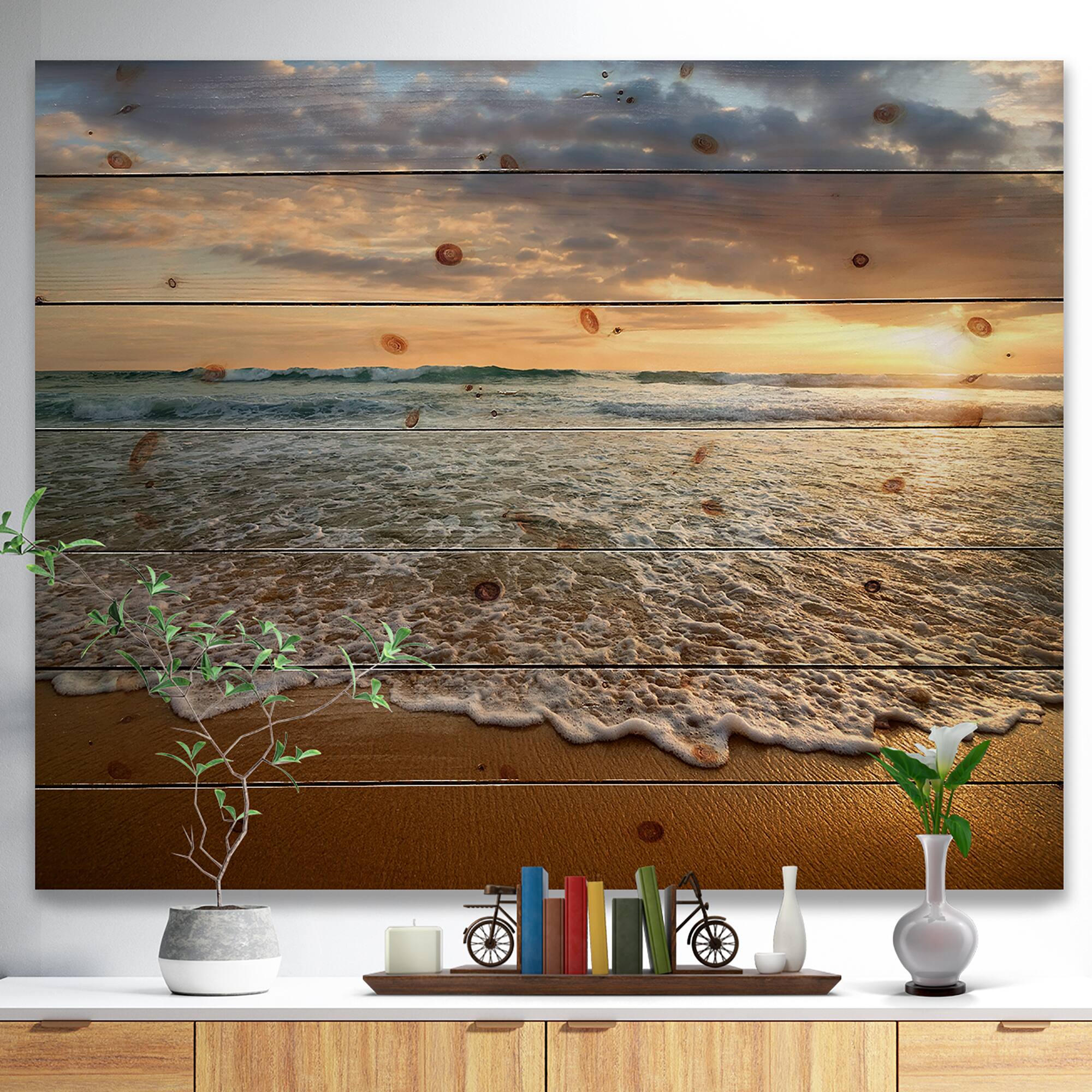 Designart - Bright Cloudy Sunset in Calm Ocean - Seashore Print on Natural Pine Wood