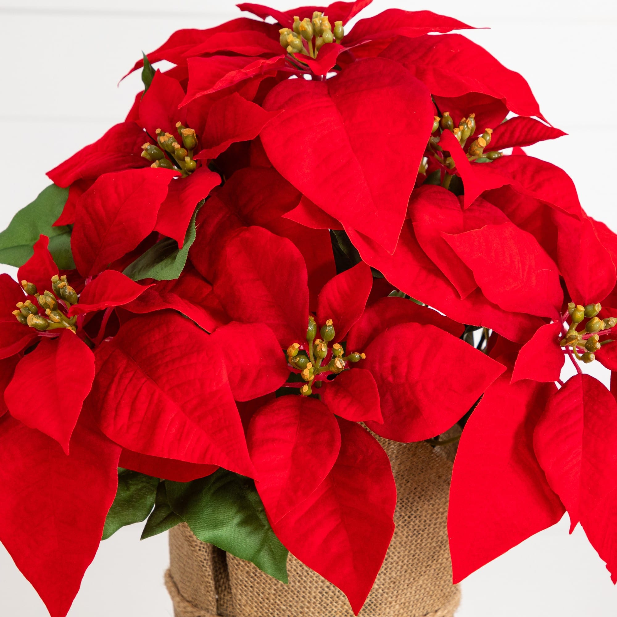 Nearly Natural 13" Artificial Red Velvet Poinsettia Arrangement in Burlap Planter