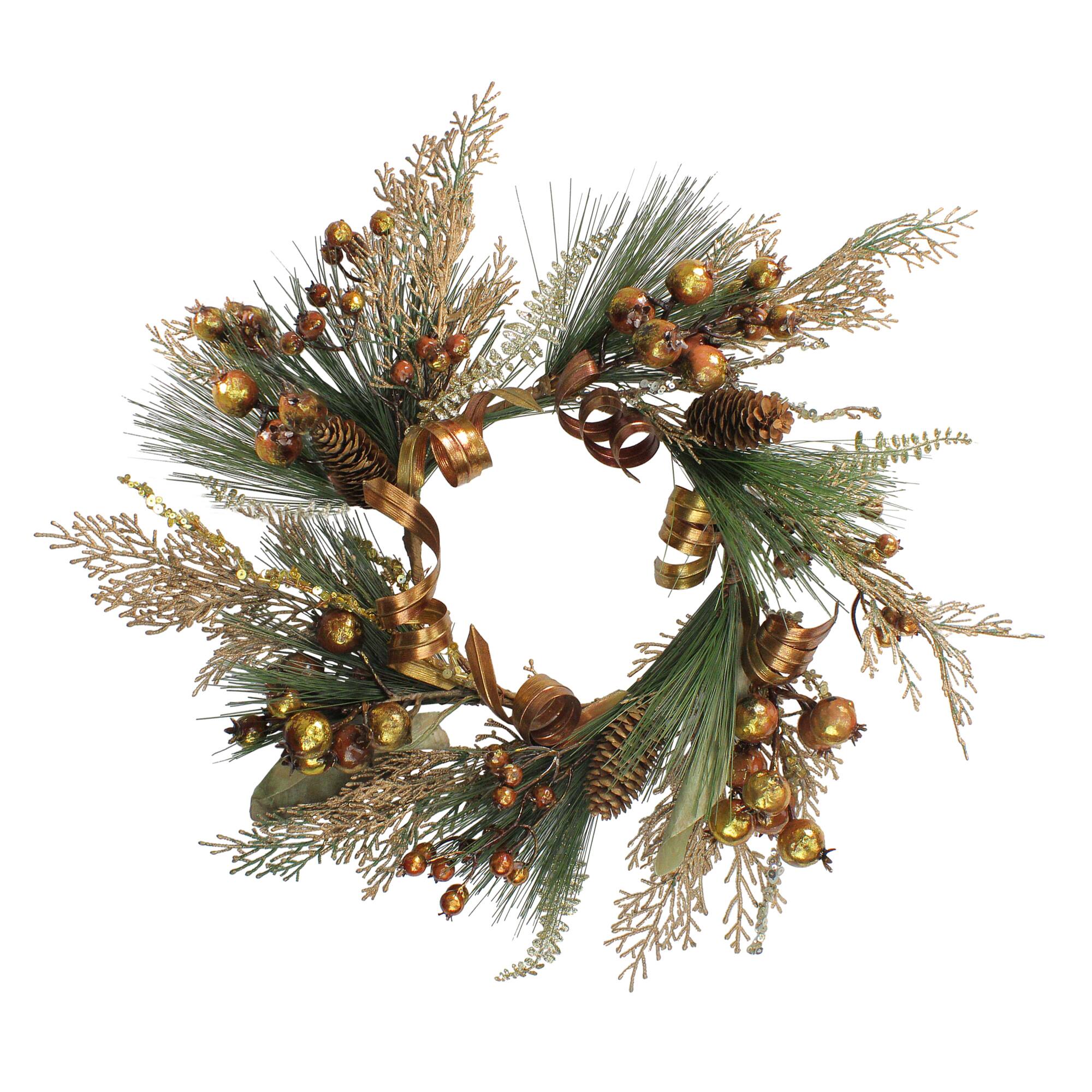 16" Golden Brown Ribbon Berry & Pine Cone Pillar Candle Ring