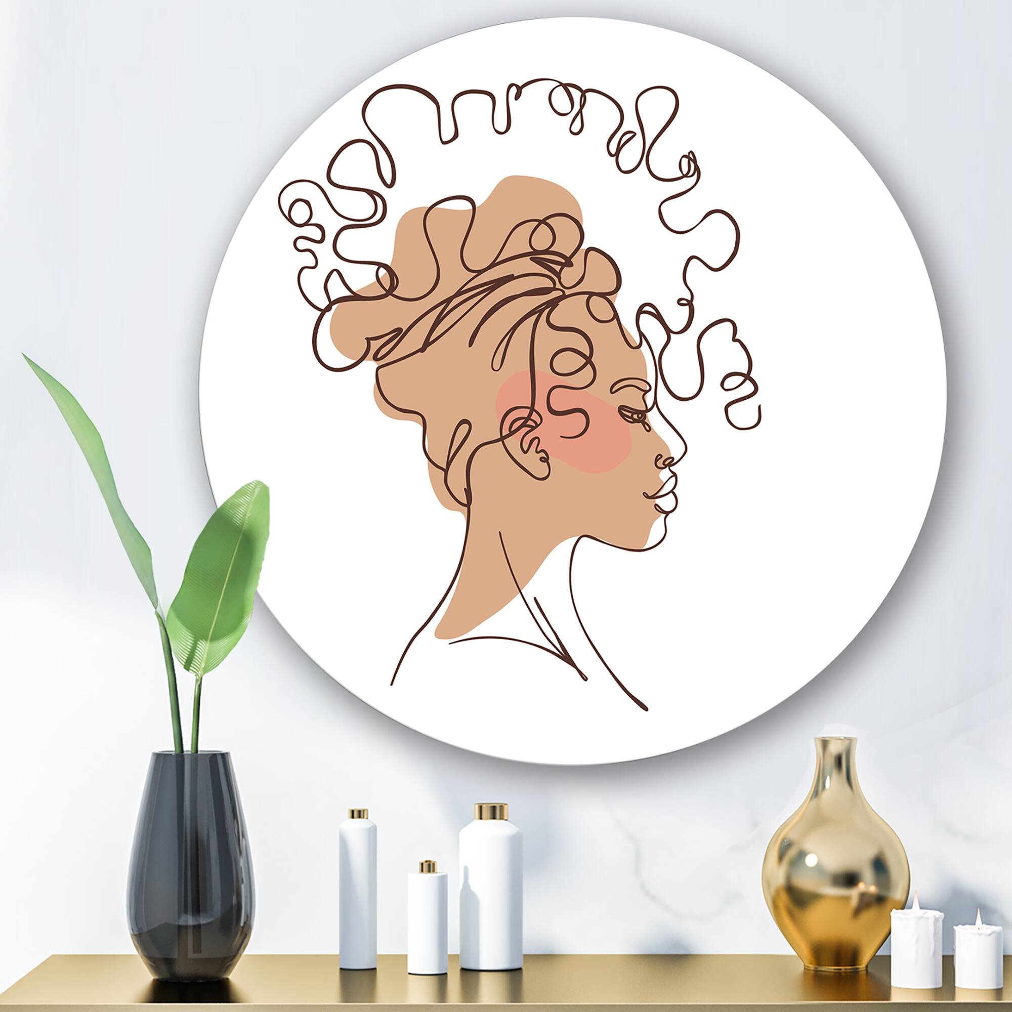 Designart - One Line Portrait of African American Woman I - Modern Metal Circle Wall Art