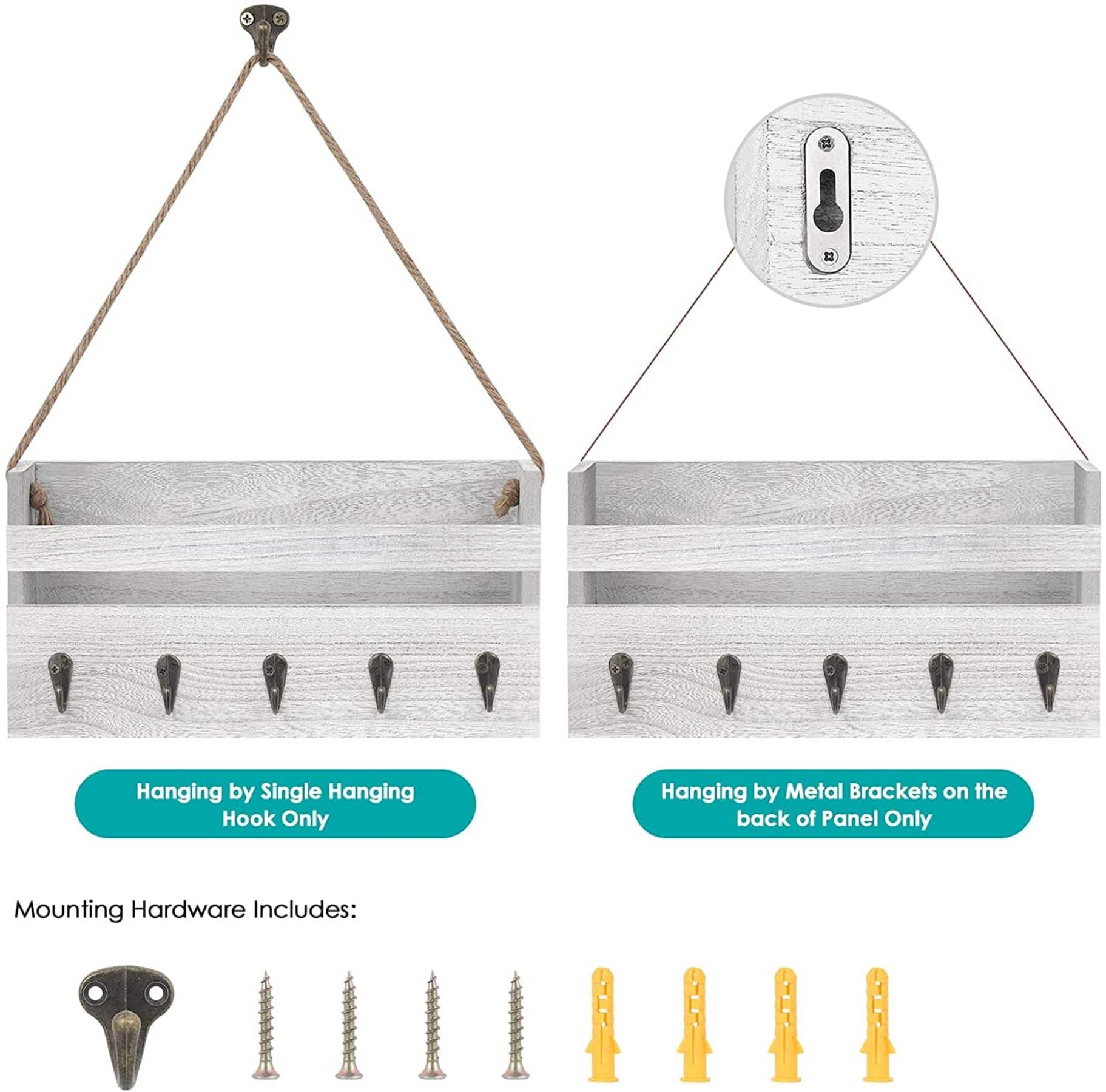 NEX™ Gray-Whitewash Hanging Wall-Mounted Mail Organizer with 5 Hooks