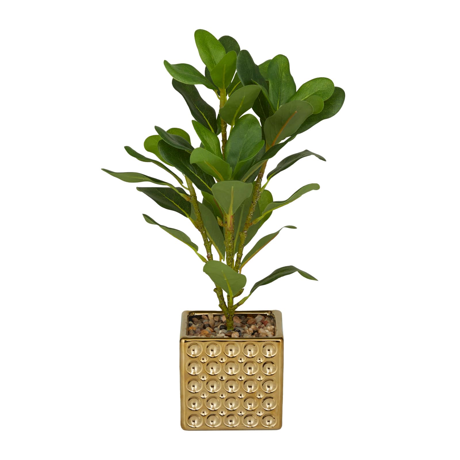 15" Glam Style Evergreen Artificial Foliage in Gold Porcelain Pot