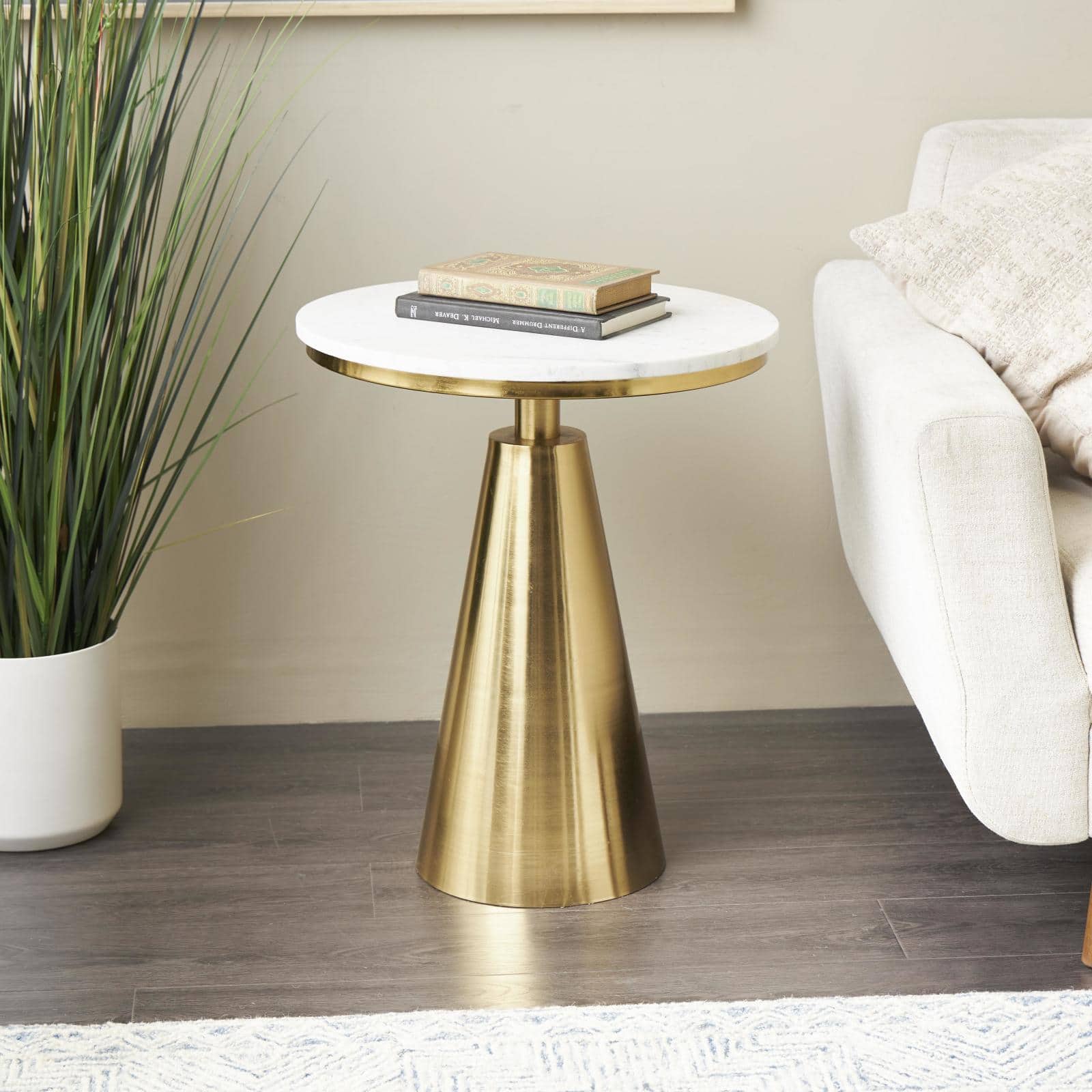 20" x 24" Gold Metal Geometric Cone Accent Table with White Marble Tabletop