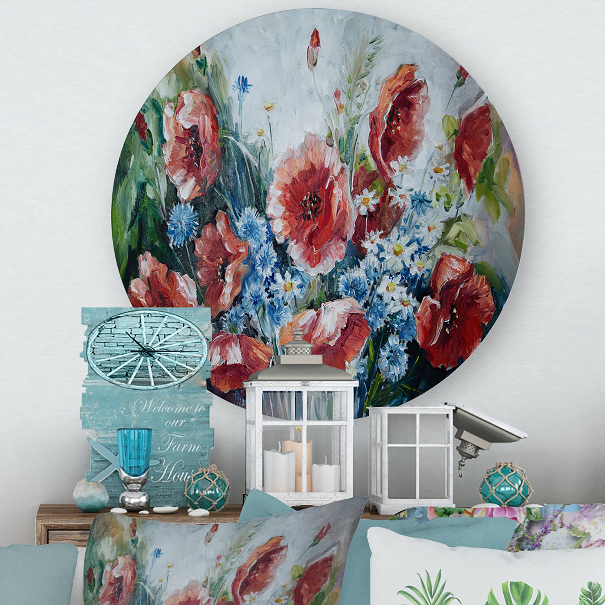 Designart - Retro Bouquet of Poppies - Traditional Metal Circle Wall Art