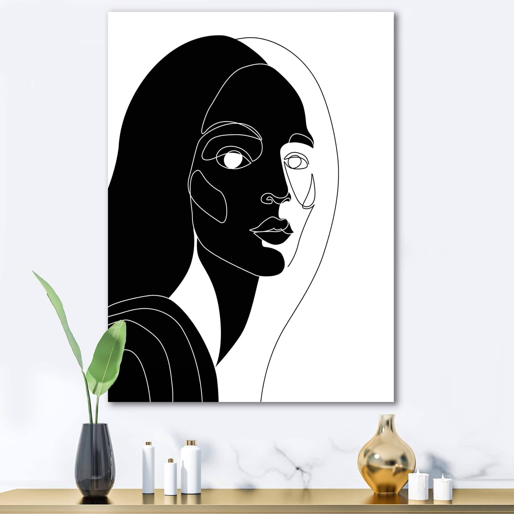 Designart - Retro Monochrome Minimal Portrait of Young Woman - Modern Canvas Wall Art Print