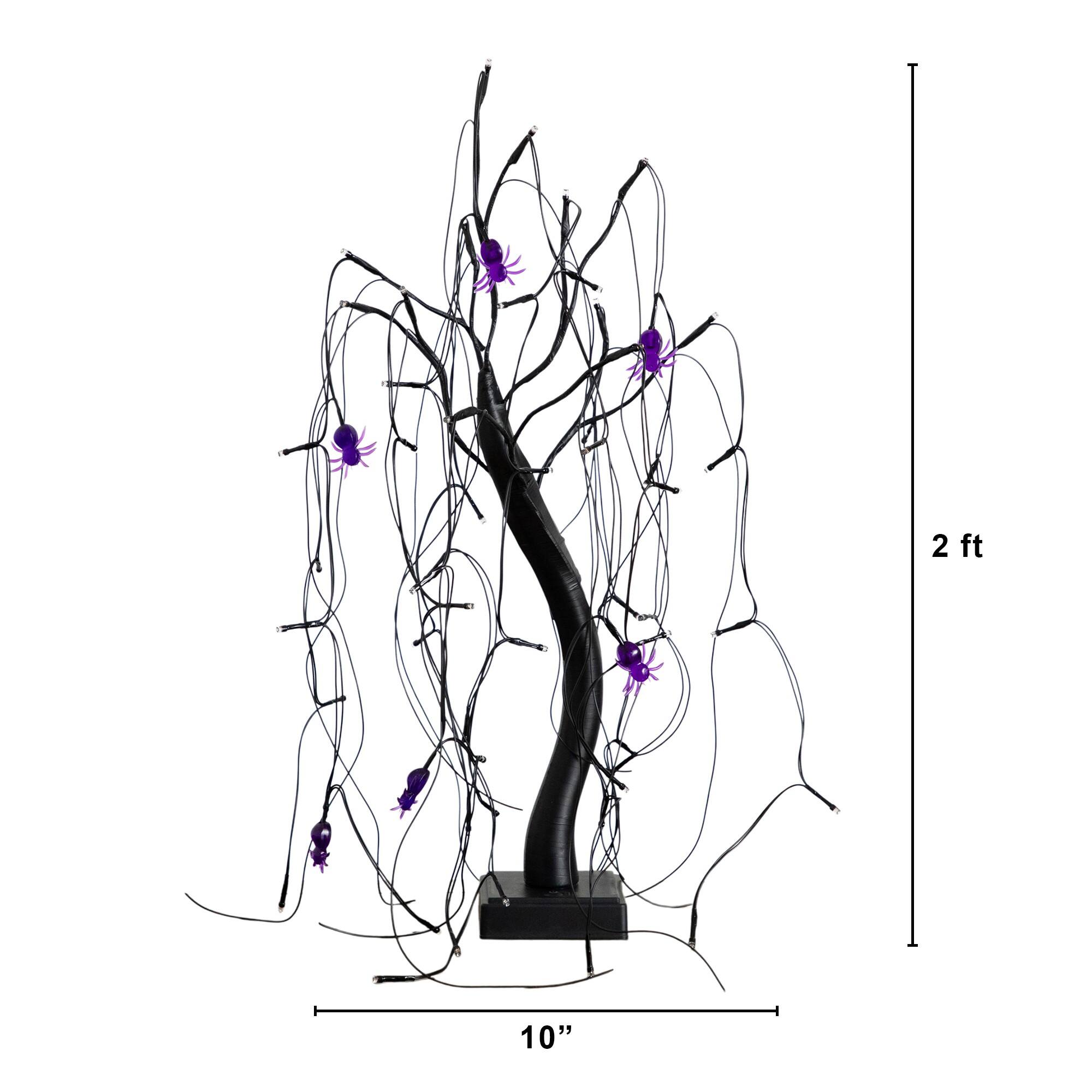 2ft. Pre-Lit Halloween Artificial Black Spooky Spider Willow Tree with 60 Orange & Purple LED Lights