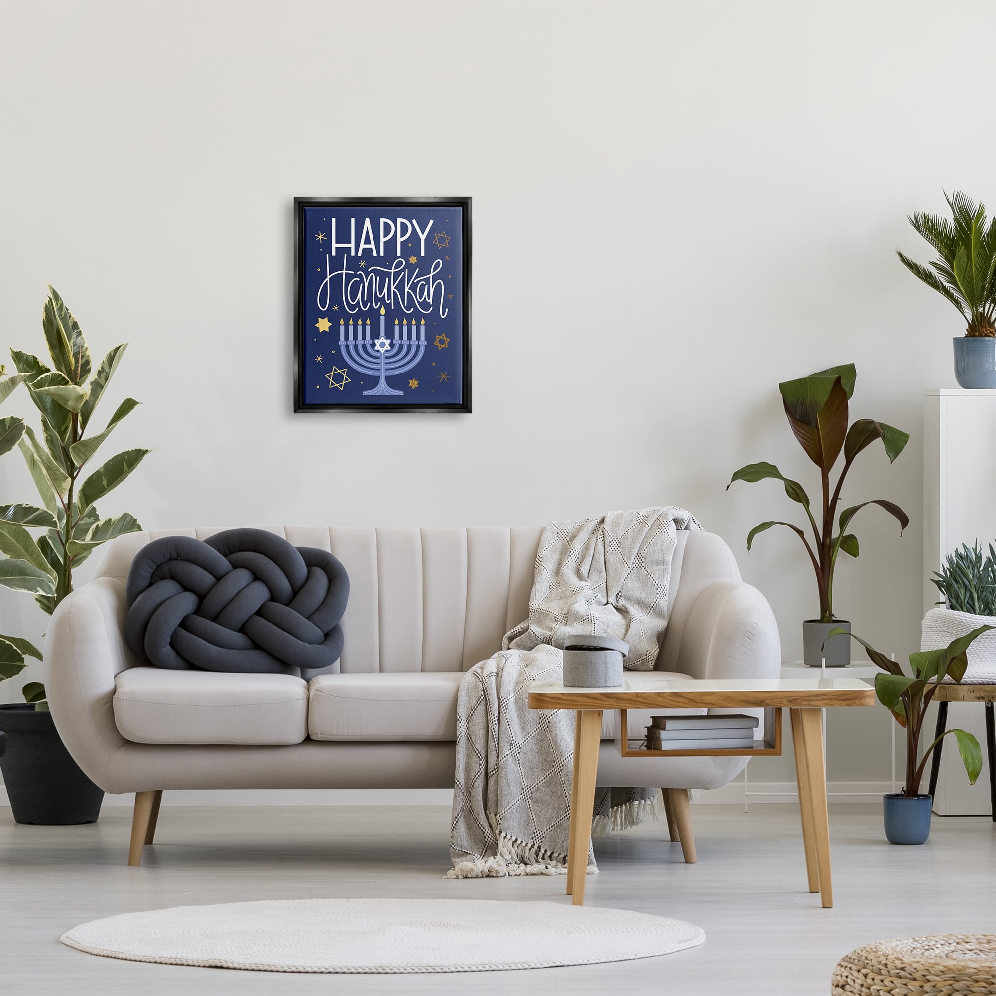 Stupell Industries Happy Hanukkah Blue Menorah Pattern Framed Floater Canvas Wall Art