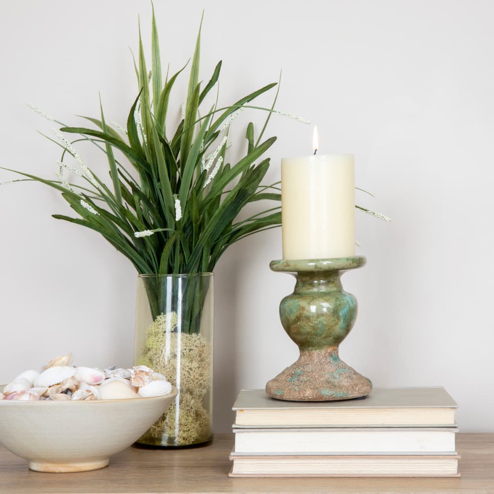 Hello Honey® Distressed Green 2-Tone Sculptural Terracotta Pillar Candle Holder