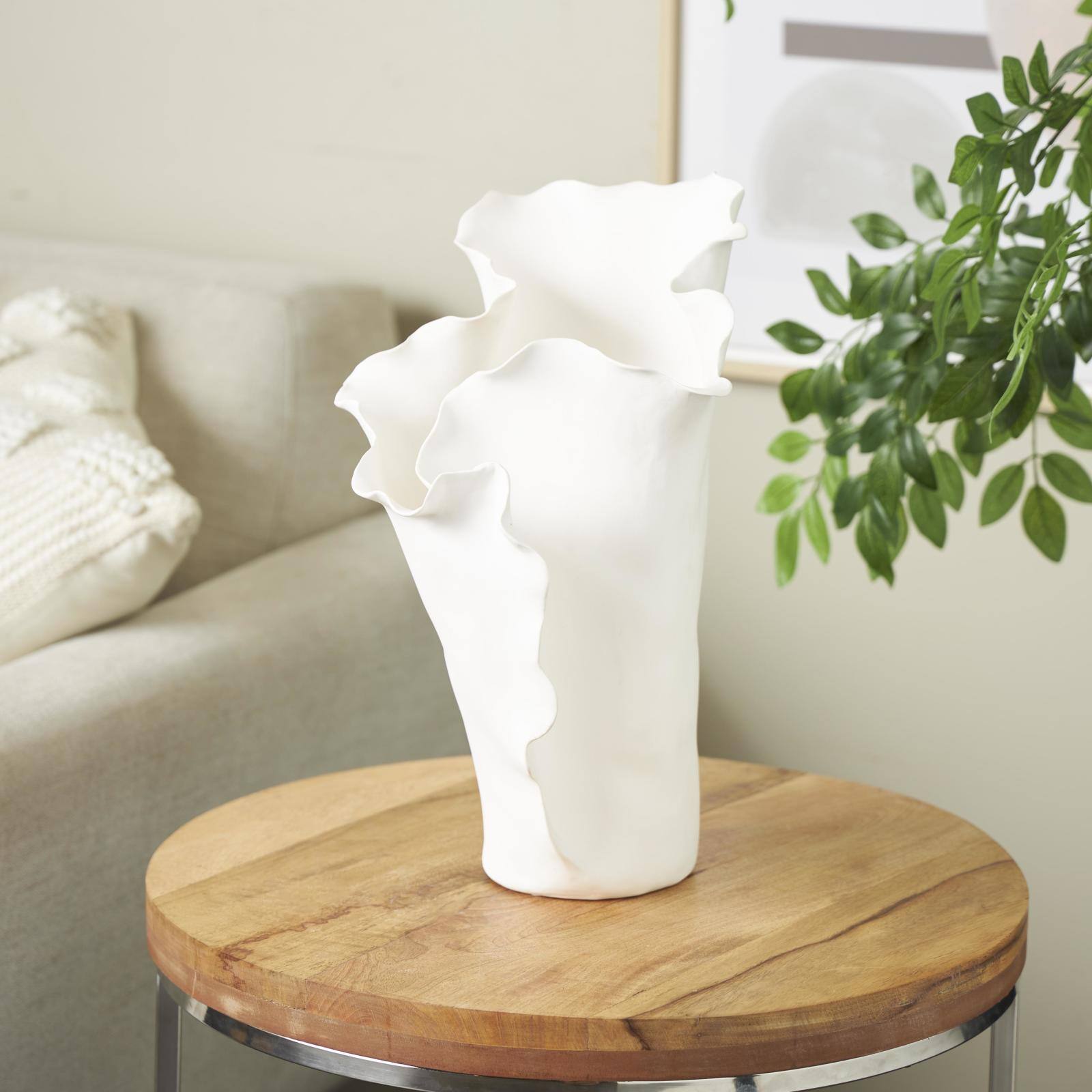 15.75" White Ceramic Abstract Floral Vase with Wavy Folded Rim