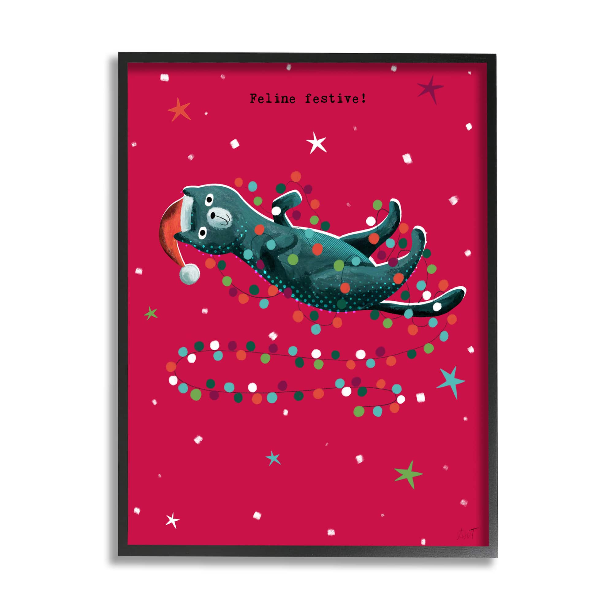 Stupell Industries Feline Festive Christmas Cat Black Framed Giclee Art
