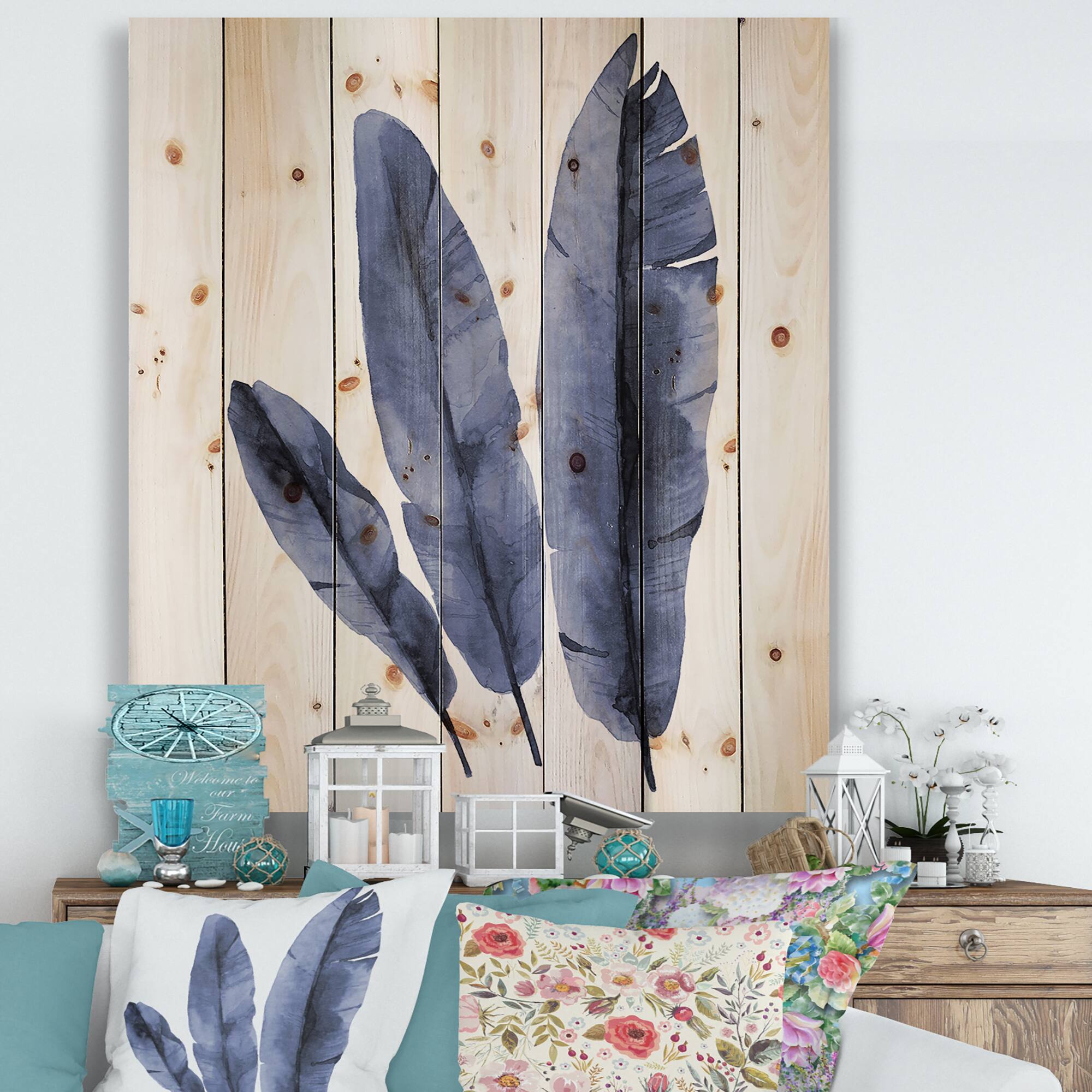 Designart - Navy Blue Tropical Banana Leaves - Tropical Print on Natural Pine Wood