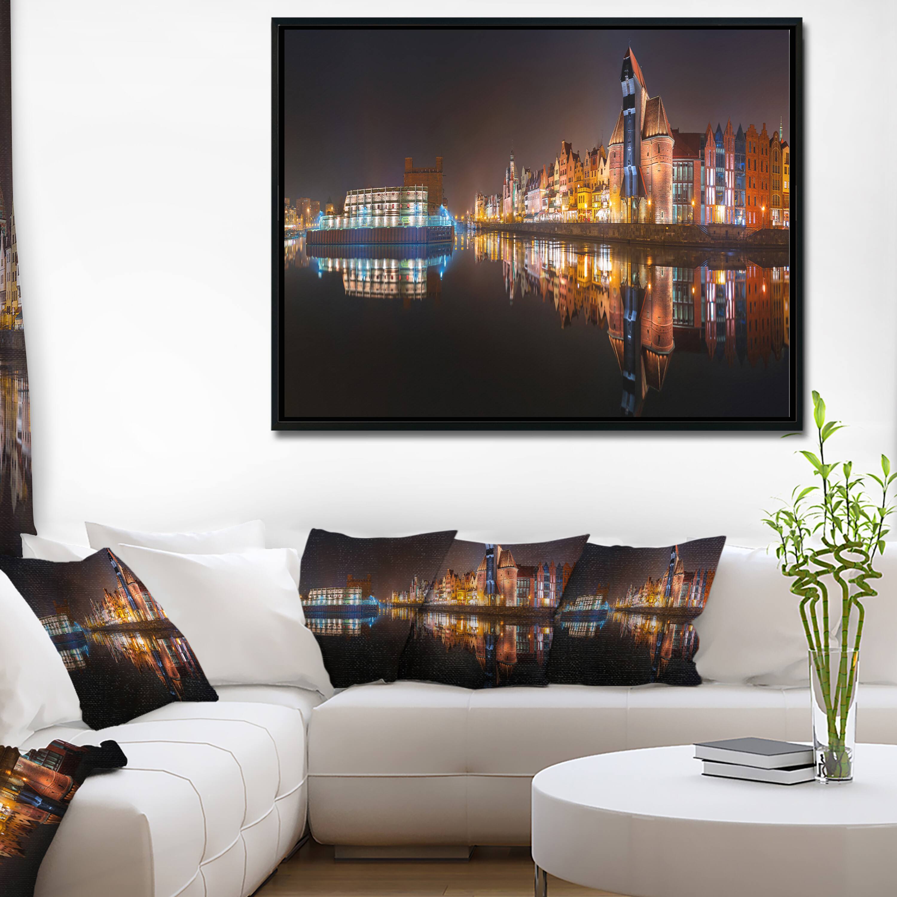 Designart - Panorama of Gdansk Old Town - Landscape Photography Canvas Print in Black Frame