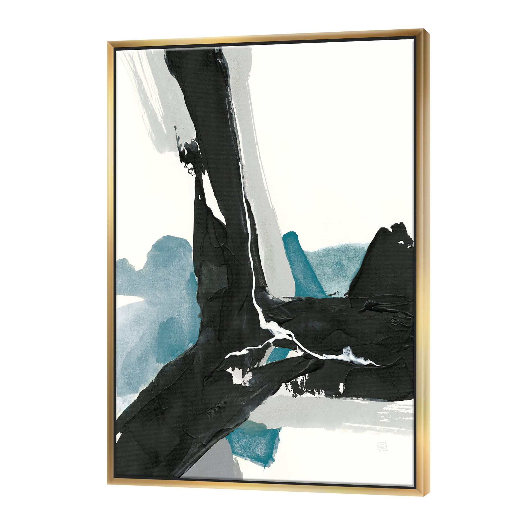 Designart - Geometric Black and Teal III - Modern & Contemporary Canvas in Gold Frame