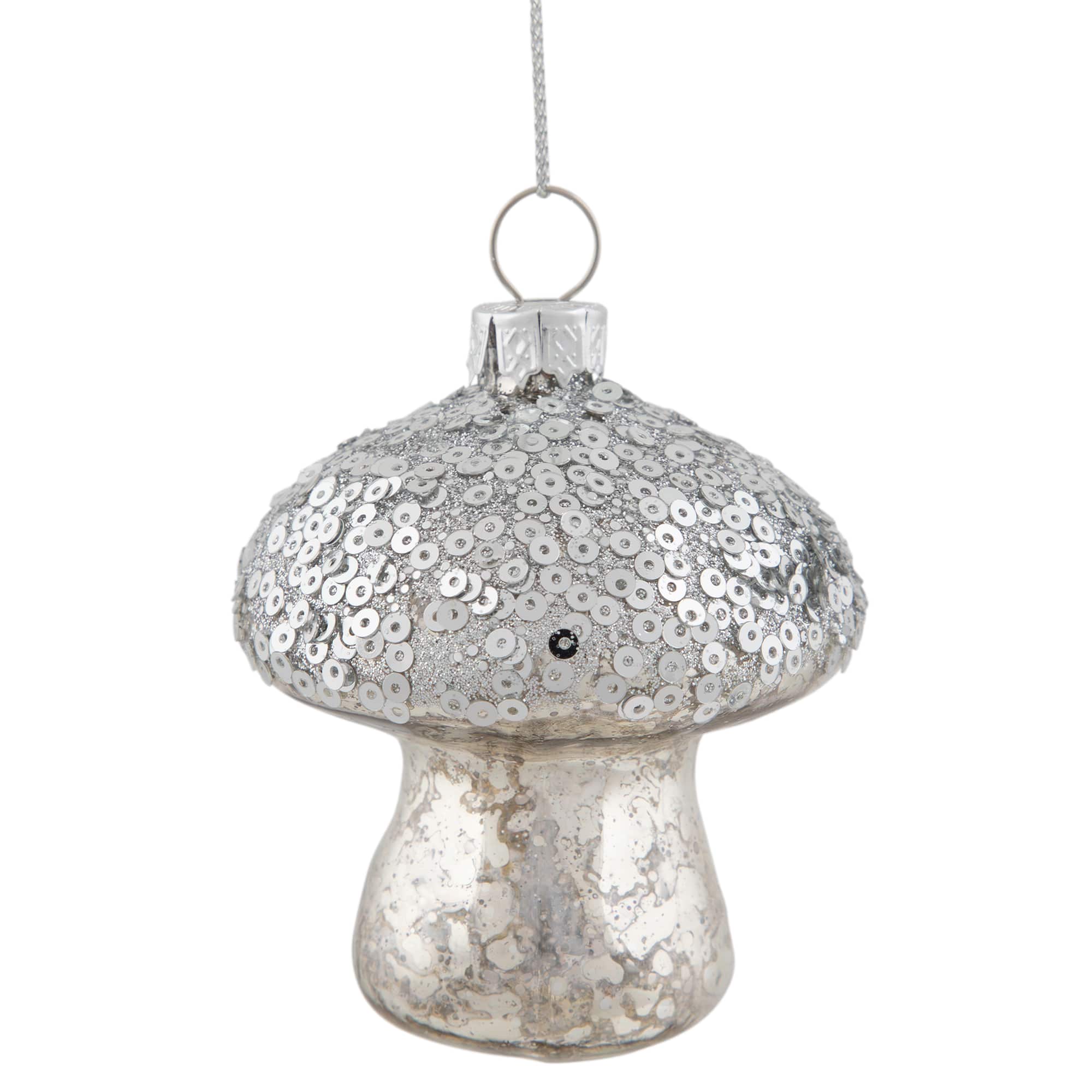 Sequined Mercury Glass Mushroom Christmas Ornament - 3.5" - Silver Finish