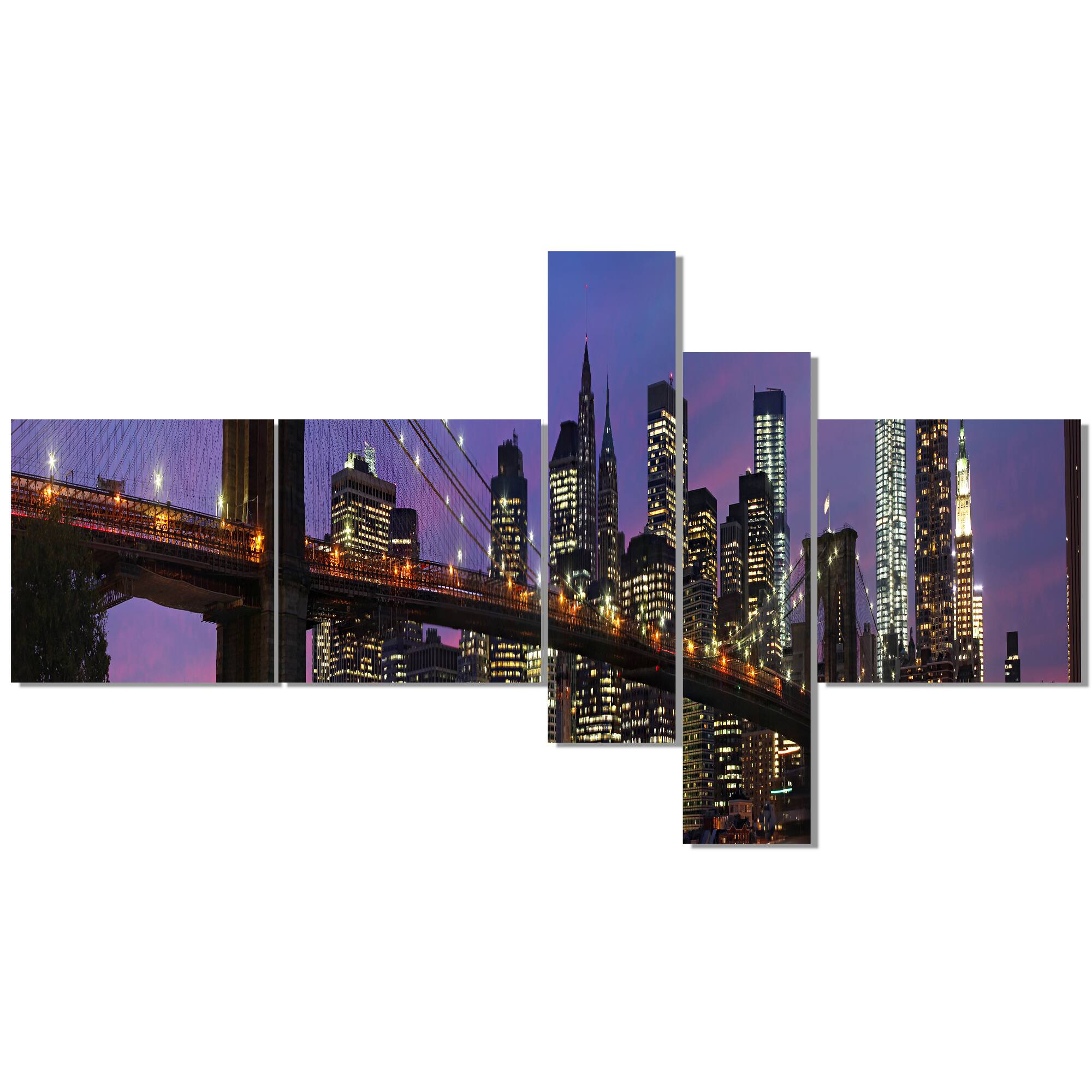 Designart - Brooklyn Bridge and Manhattan at sunset - Purple - Extra Large Canvas Art Print
