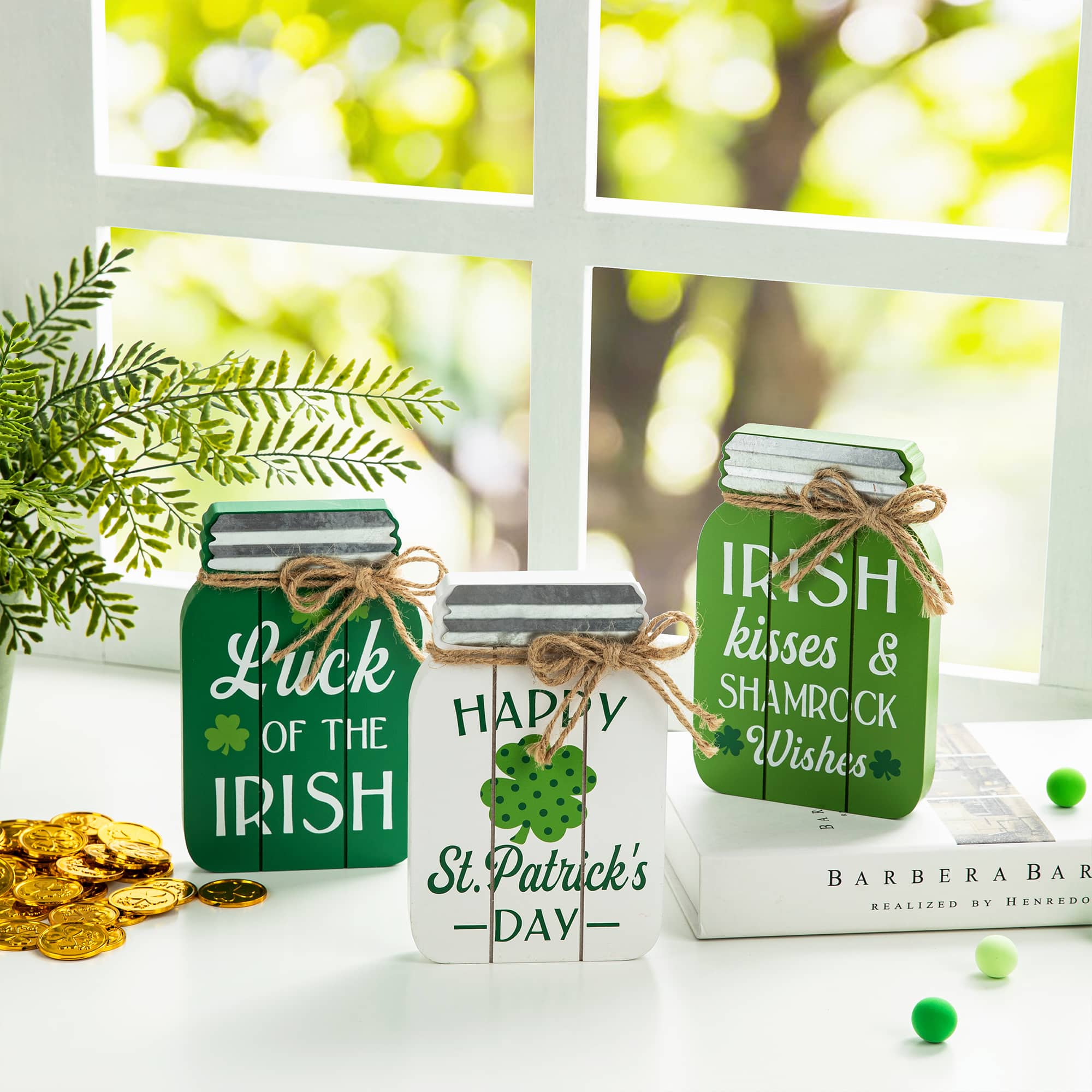 Glitzhome® 7" Set of 3 St. Patrick's Wooden Mason Jar Table decor