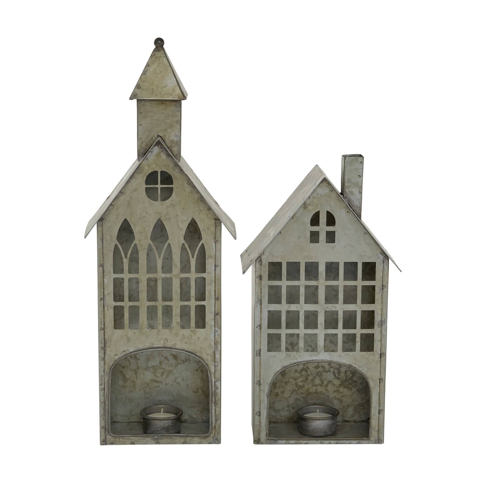 Set of 2 Grey Metal Farmhouse Candle Holder, 13", 18"