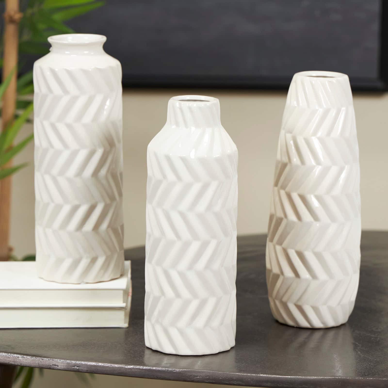 White Ceramic Dimensional Chevron Textured Vase with Varying Shapes Set