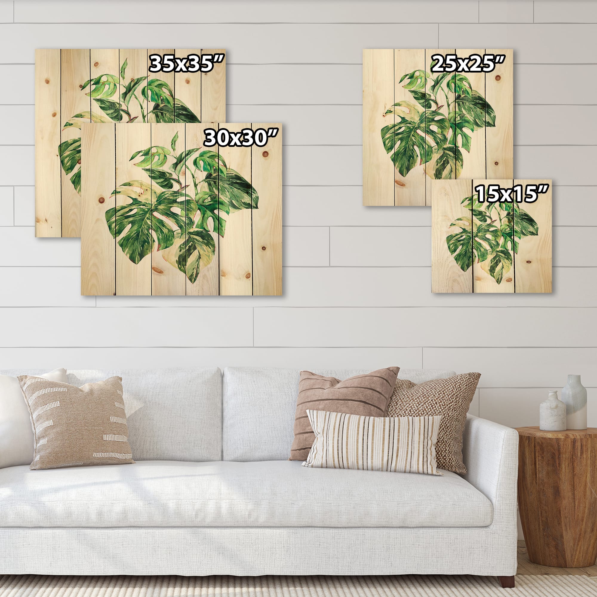 Designart - Tropical Green Leaves In Summer Times I - Tropical Print on Natural Pine Wood