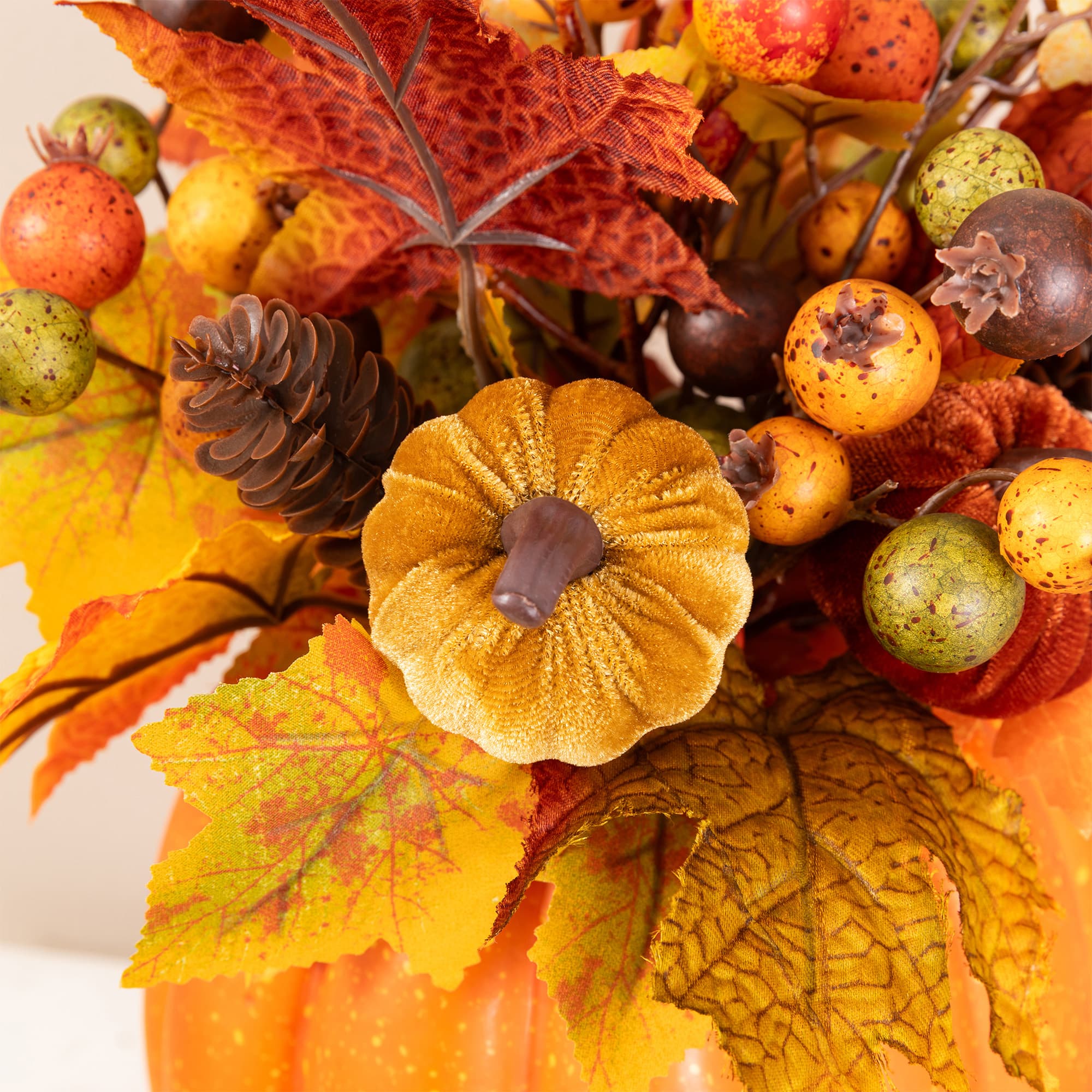 Glitzhome® 15" Fall Velvet Pumpkin, Pinecone & Berry Centerpiece