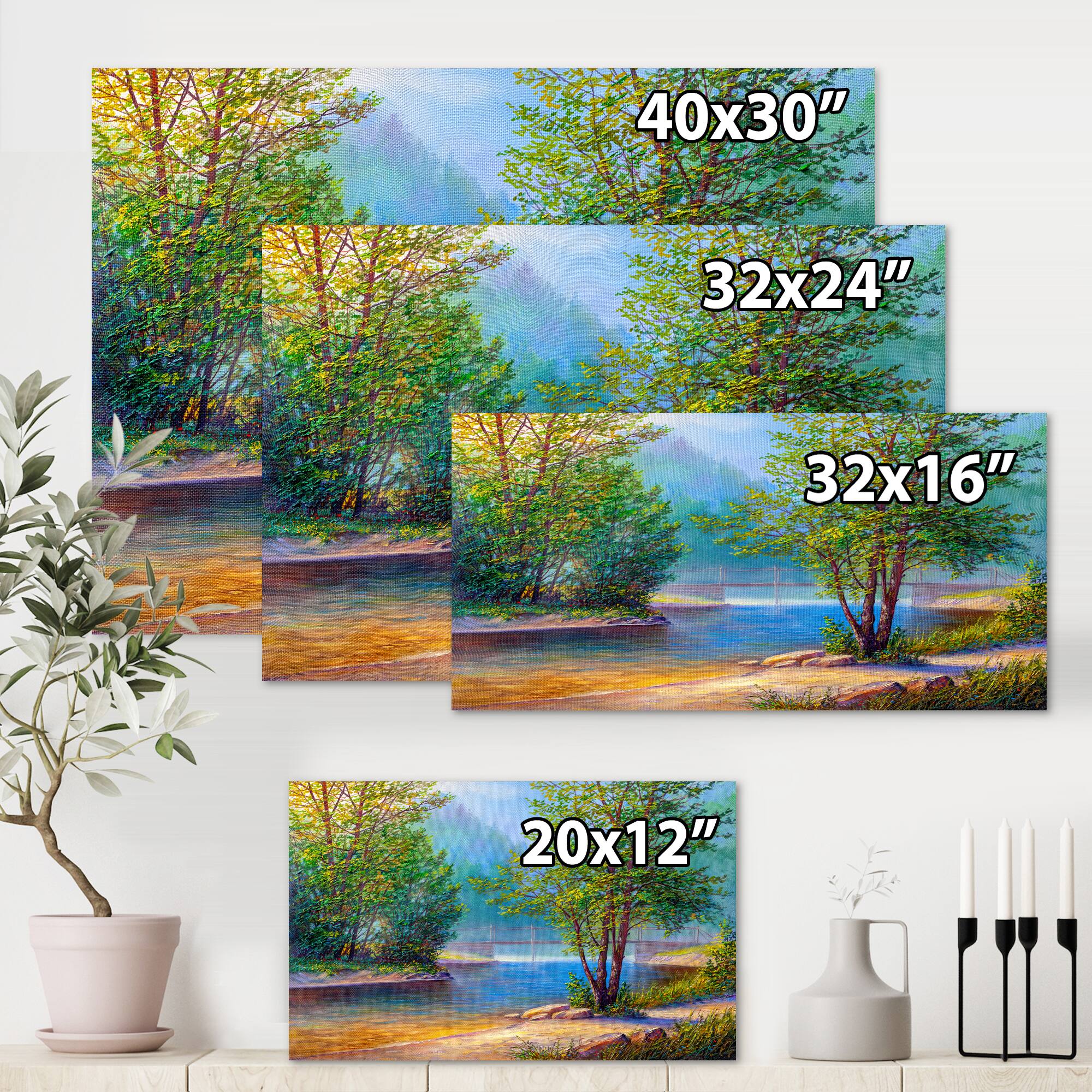Designart - Green Trees By The Riverside - Traditional Canvas Wall Art Print