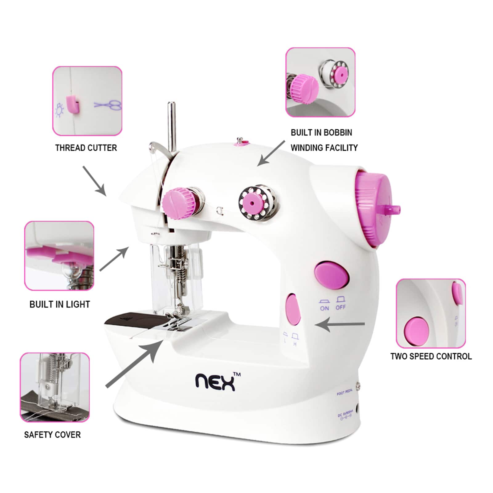 NEX™ Cute Pink Flex-Speed Double-Thread Cordless Easy Sewing Machine with Needle Protector