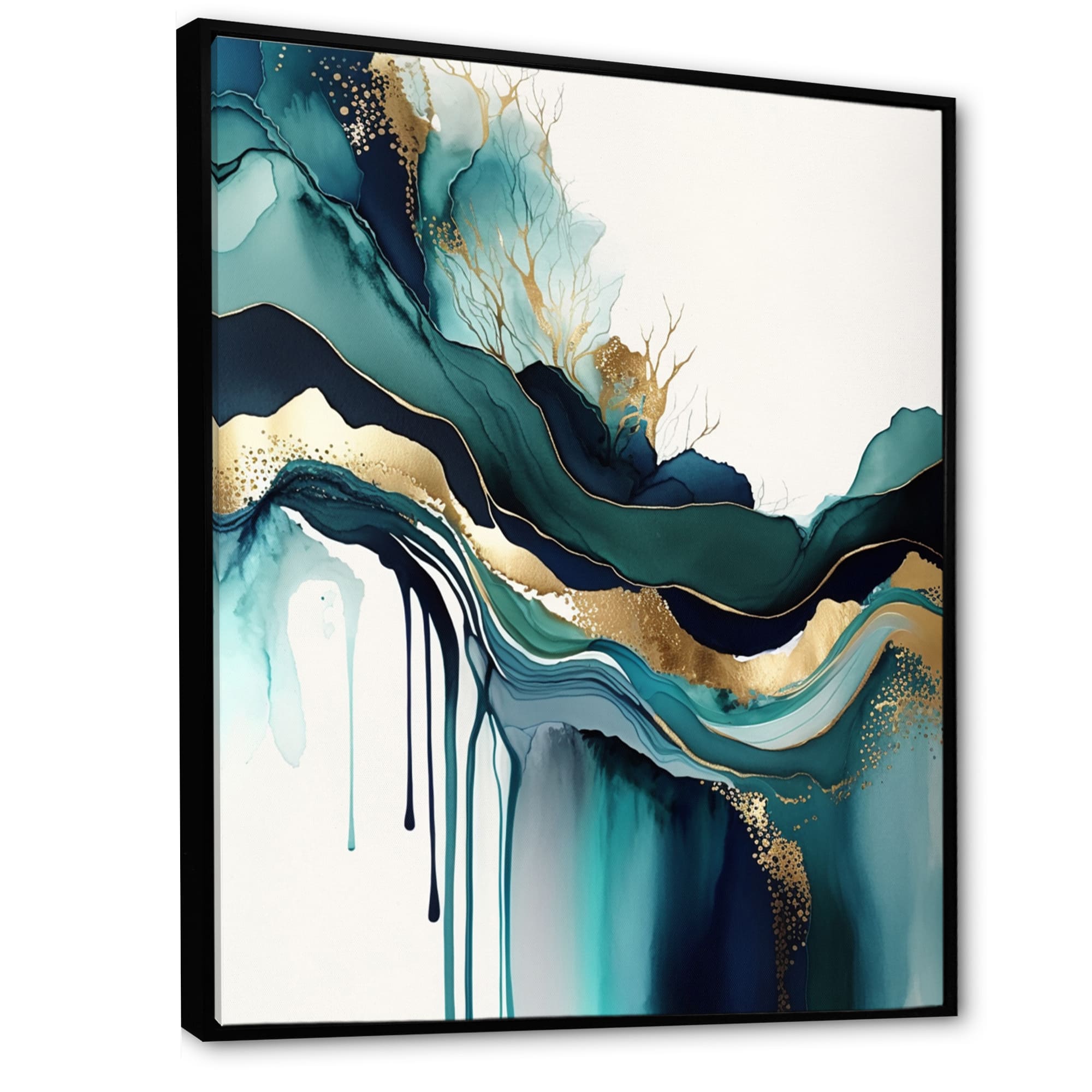 Designart 'Teal And Gold Abstract Expression IV' Modern Framed Canvas Wall Art