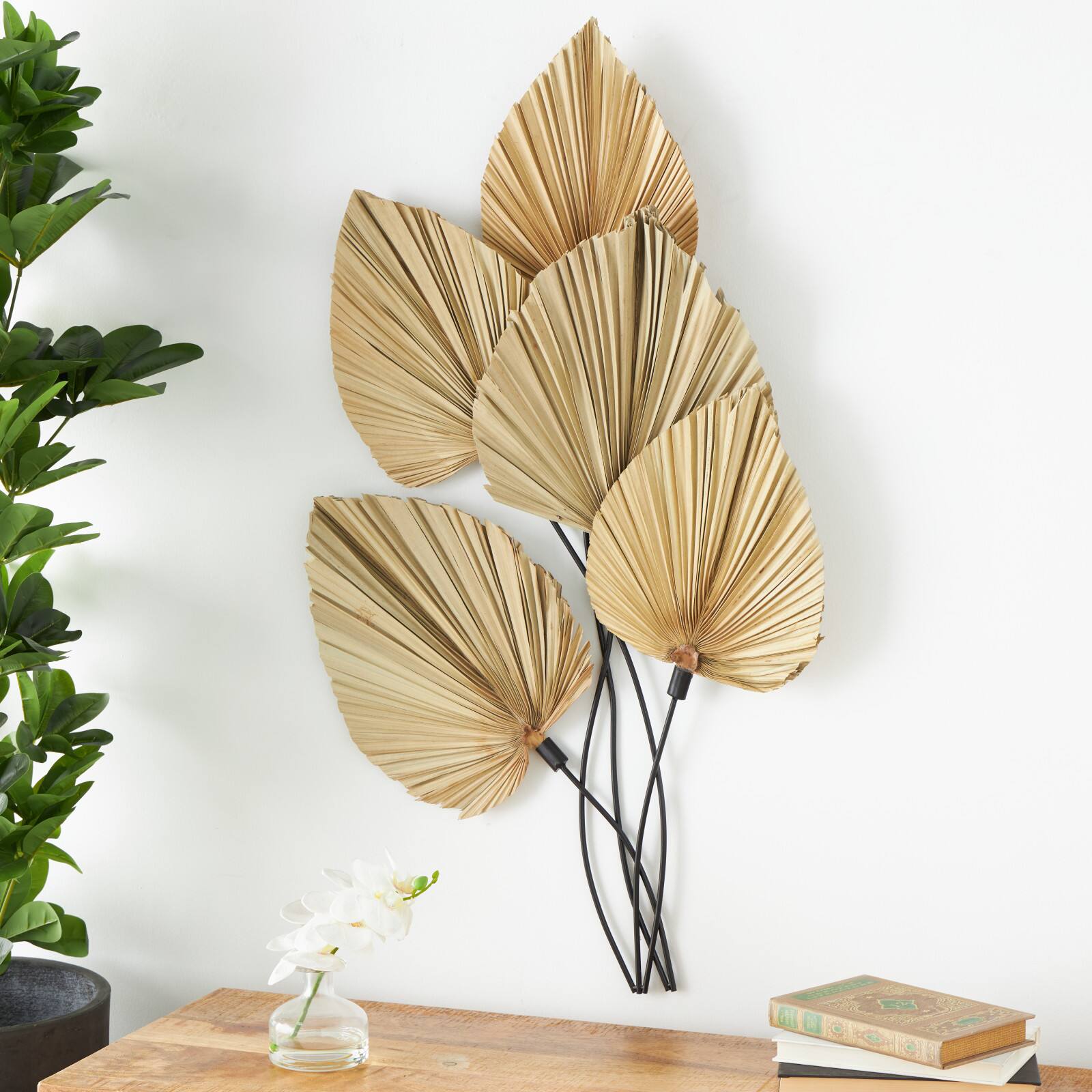 23" x 40" Brown Metal Leaf Layered with Palm Leaf Accents Wall Décor