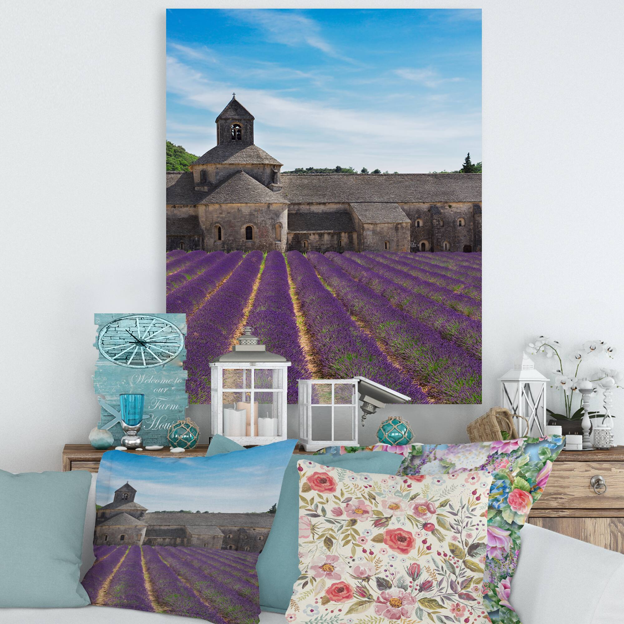 Designart - Lavender Field With Abbey In France - Farmhouse Canvas Wall Art Print