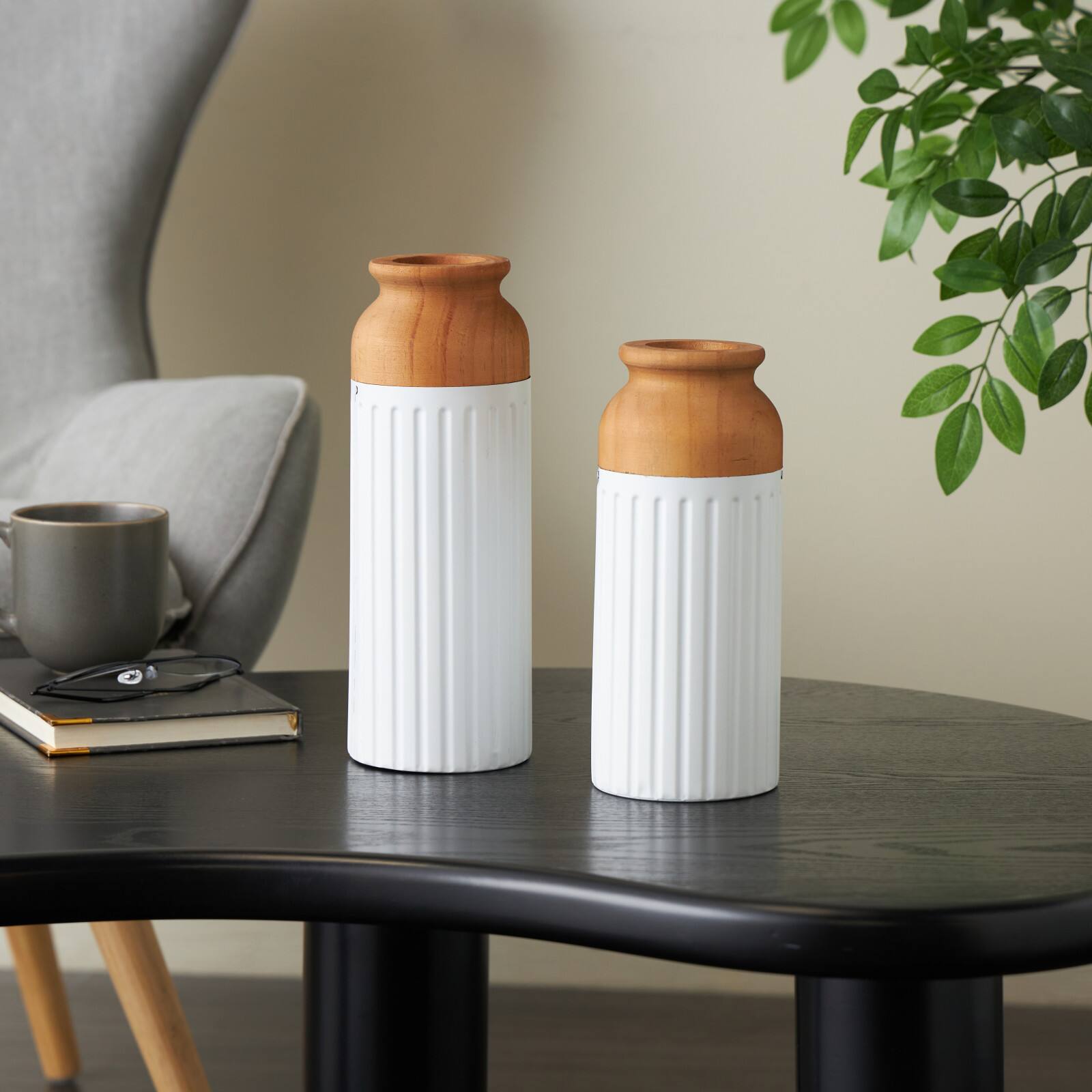 White & Brown Grooved Texture Metal & Wood Vase Set