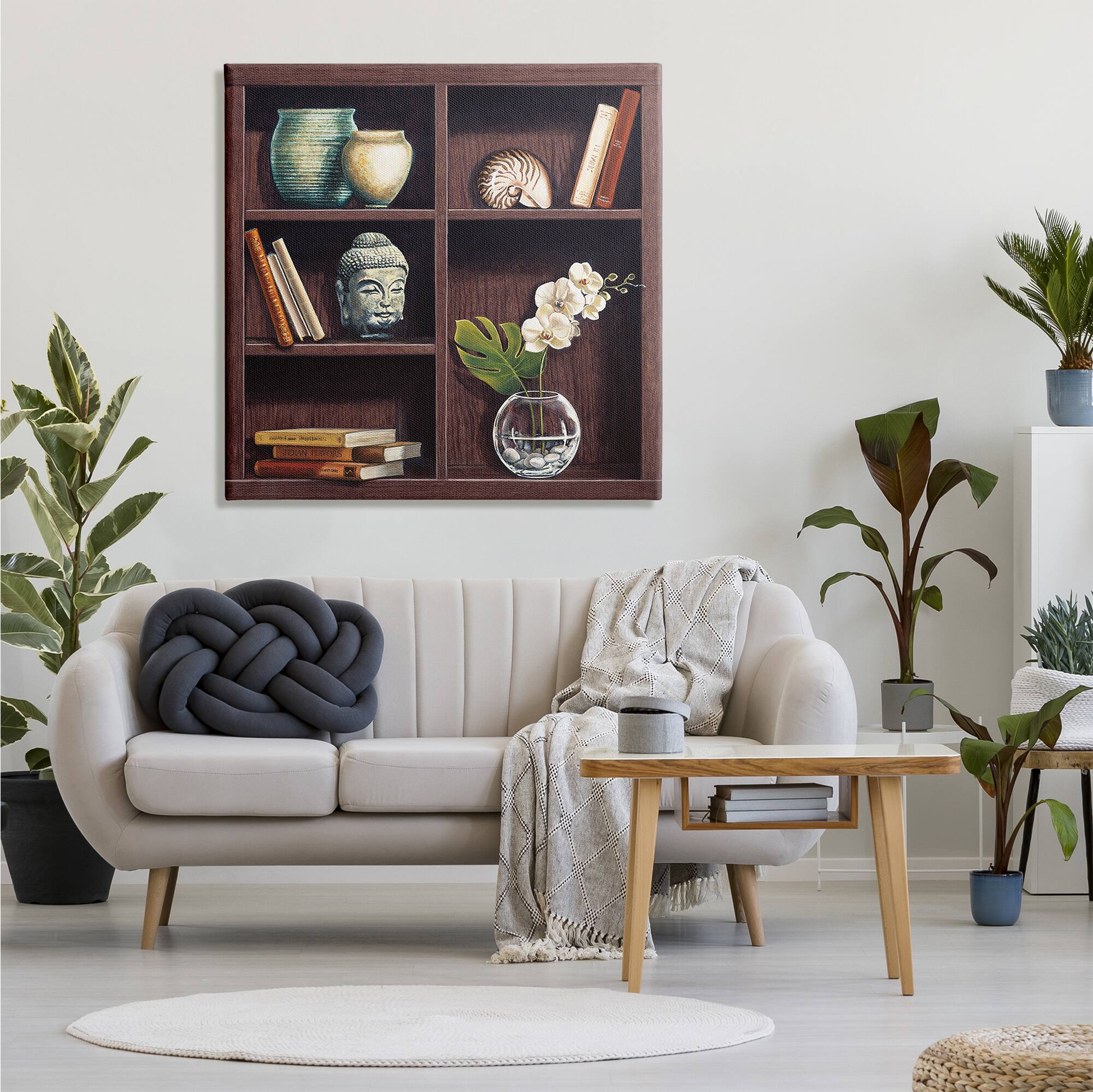 Stupell Industries Eastern Culture Inspired Bookshelf with Floral Vase Still-Life Canvas Wall Art