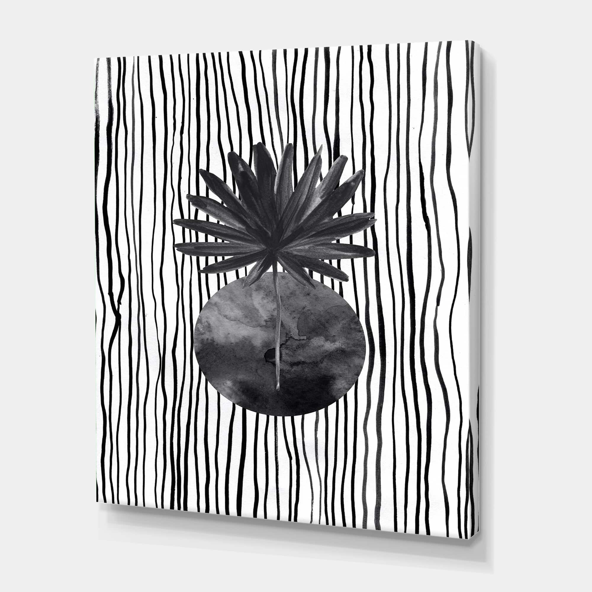 Designart - Black and White Tropical Leaf On Striped I