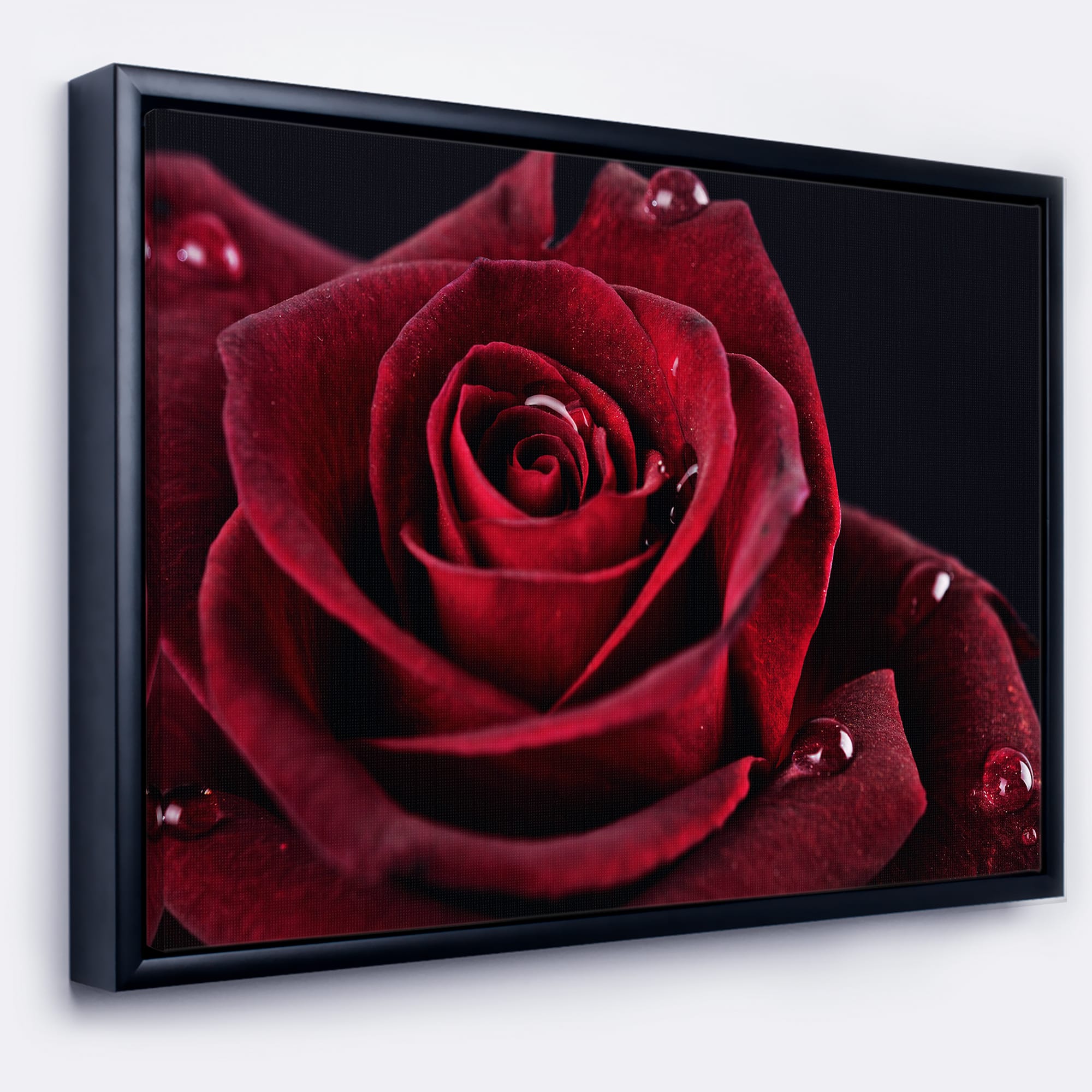 Designart - Red Rose with Raindrops on Black - Flowers Framed Canvas Wall Artwork