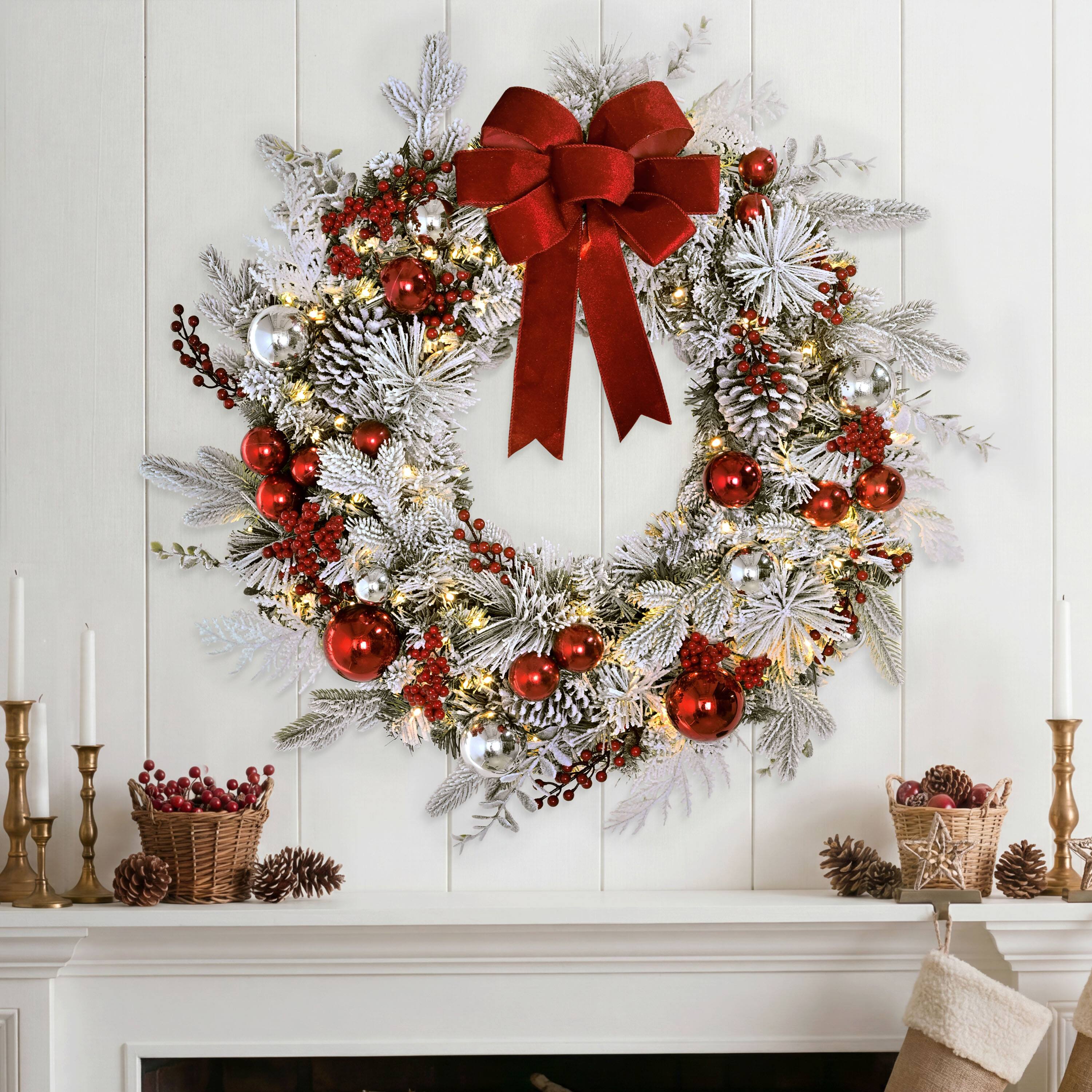 Puleo International 32" Pre-Lit Red Ornaments & Pinecones Flocked Artificial Christmas Wreath