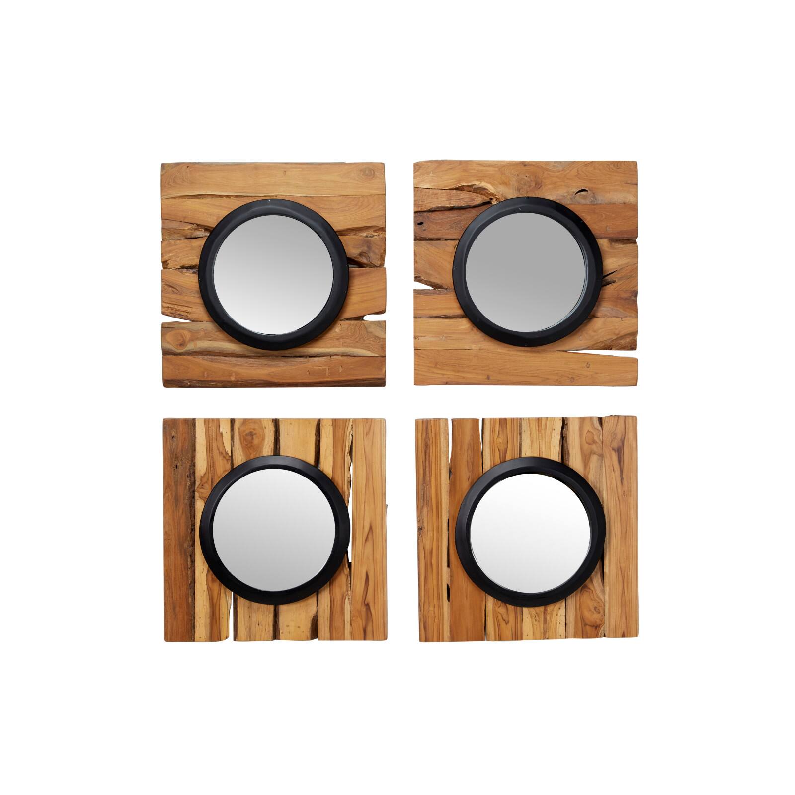 Set of 4 Brown Teak Wood Rustic Floral Wall Mirror, 18" x 18"