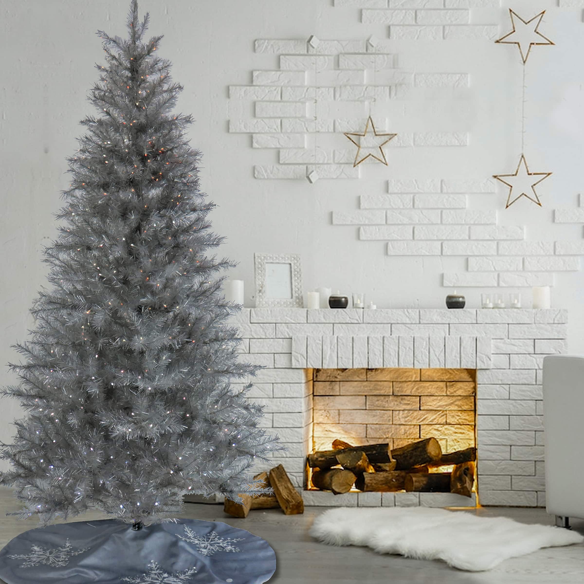 7.5ft. Pre-Lit Crystal Silver Metallic Artificial Christmas Tree, Multicolor LED Lights