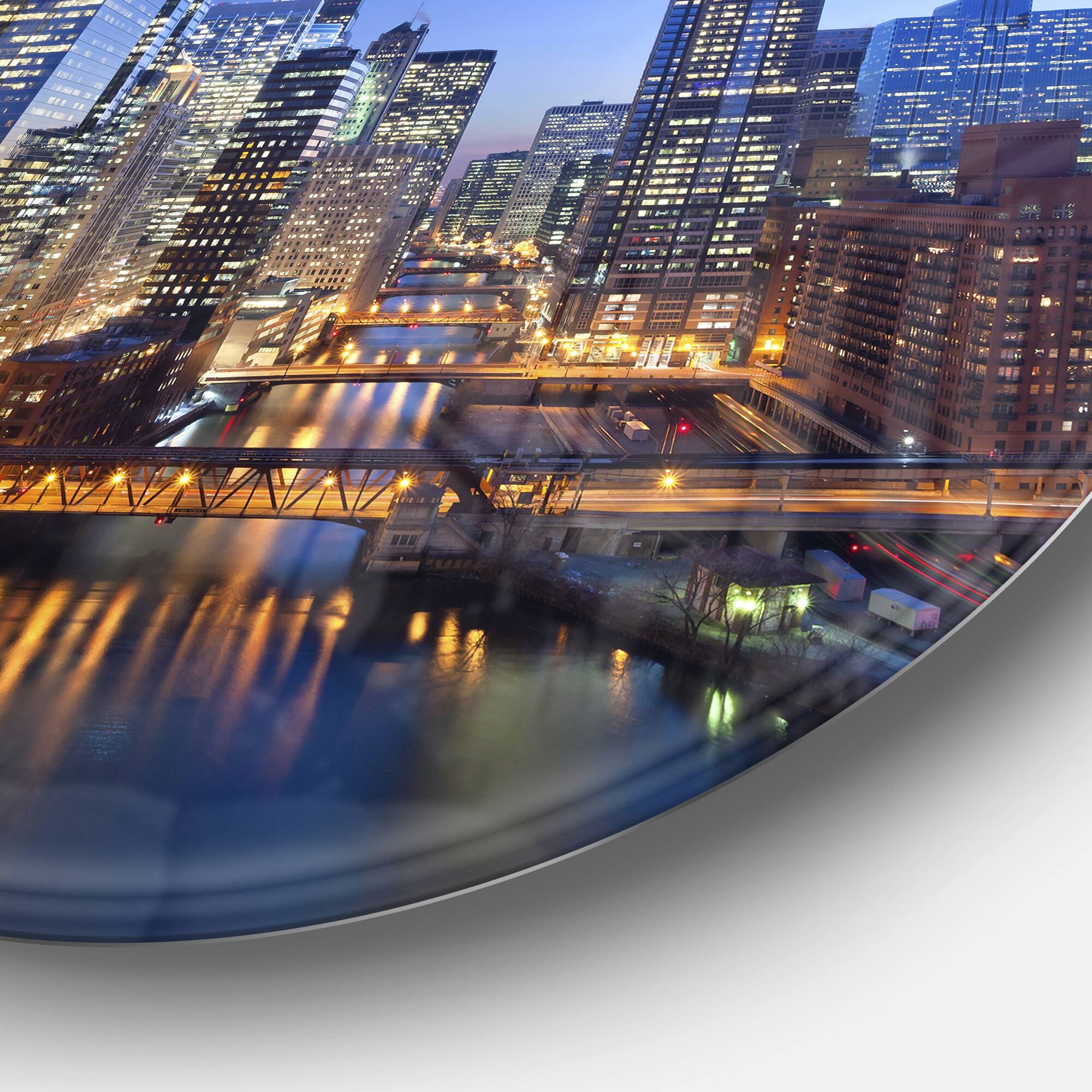 Designart - Chicago River with Bridges at Sunset' Ultra Glossy Cityscape Circle Wall Art