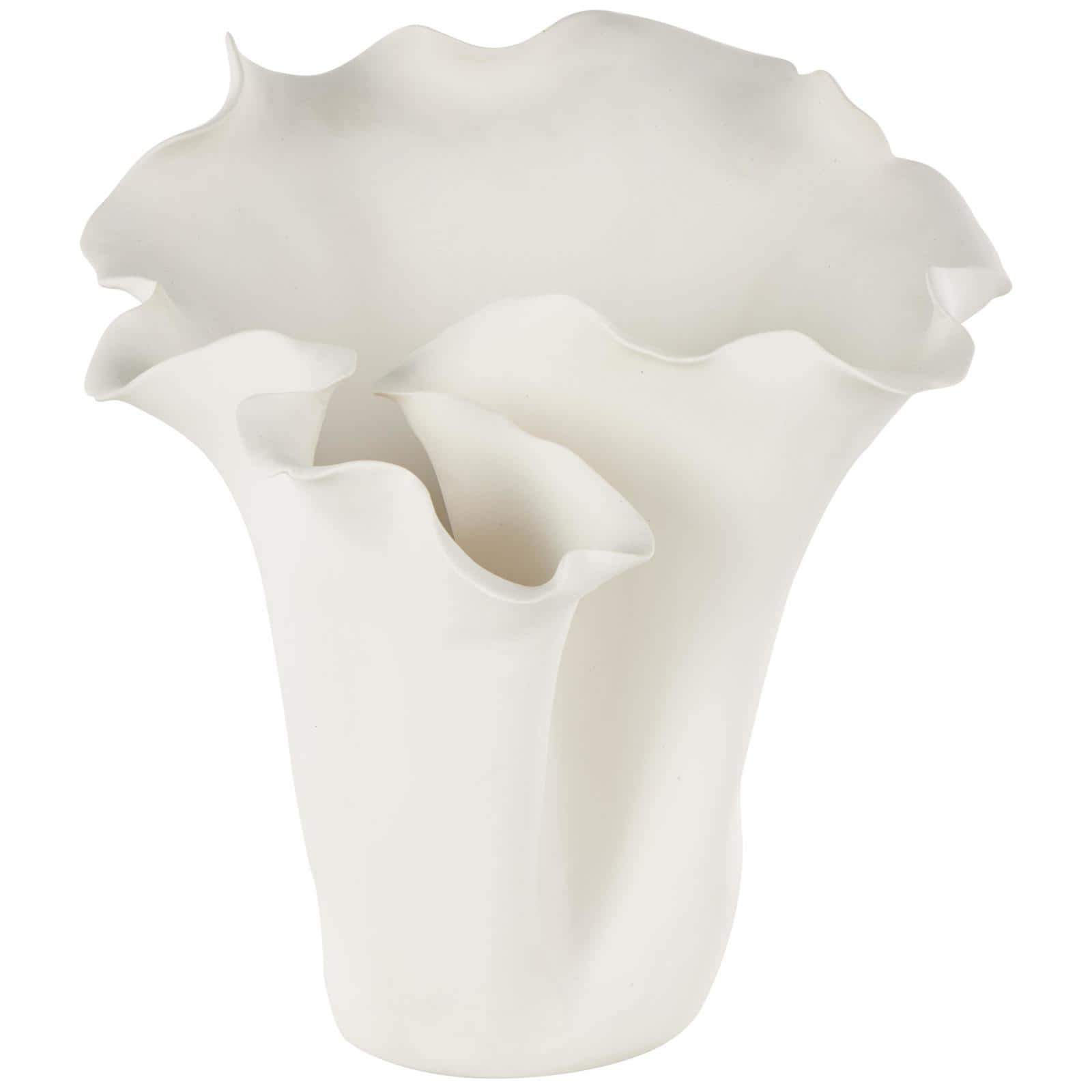 10.5" White Ceramic Abstract Floral Vase with Wavy Folded Rim