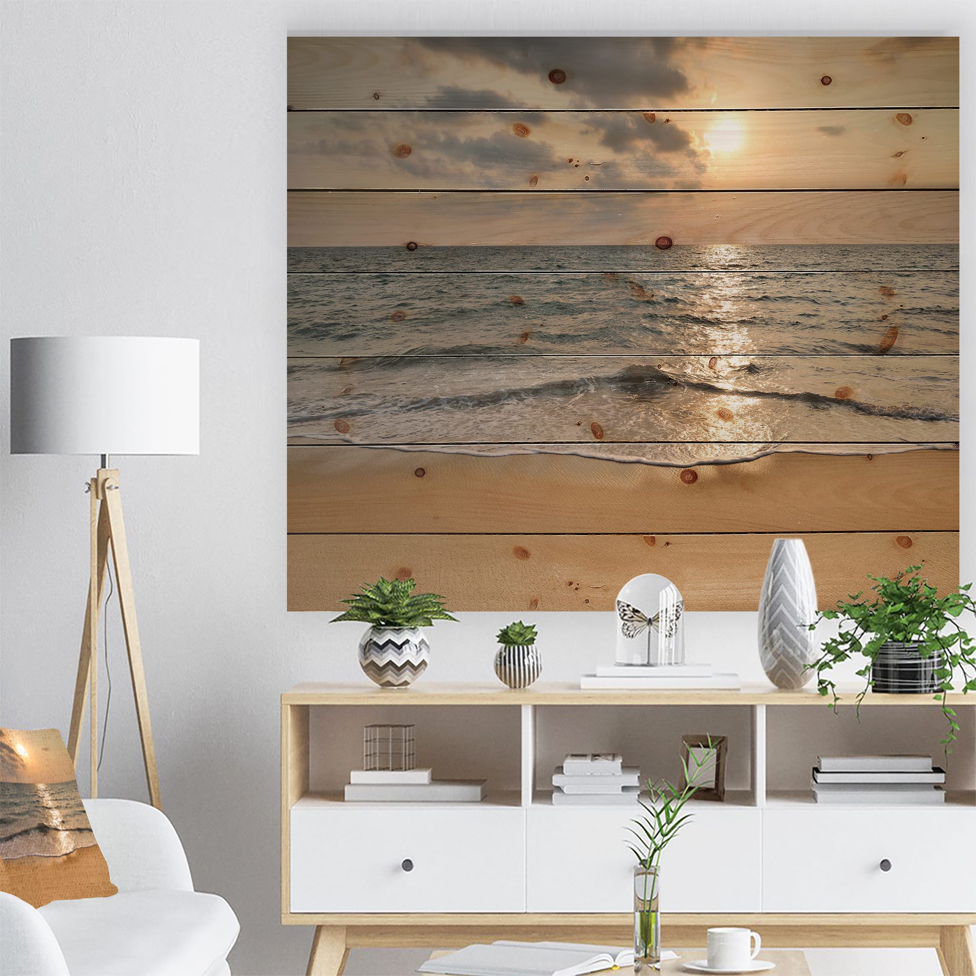 Designart - Dark Tropical Sand Beach at Sunset - Modern Seascape Print on Natural Pine Wood