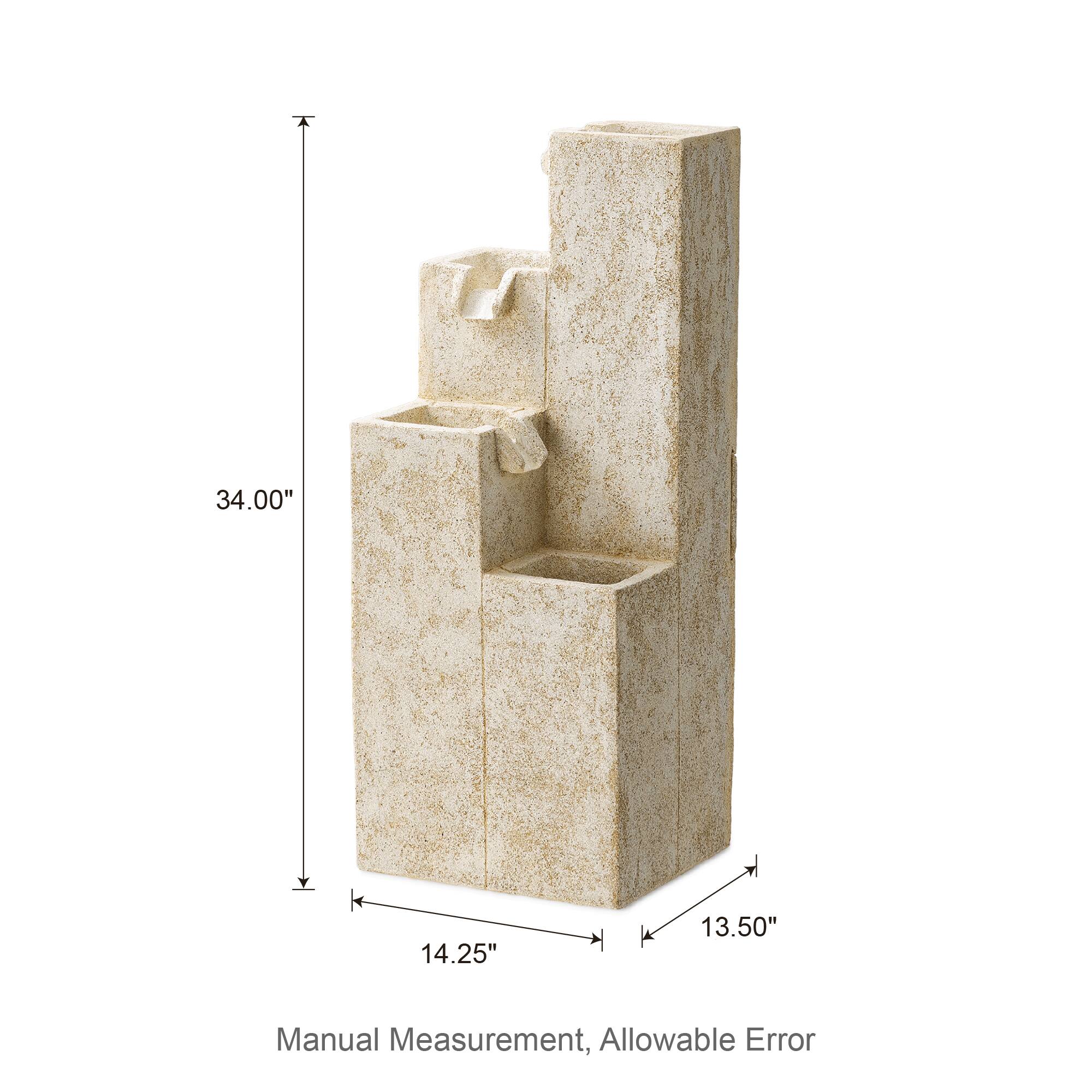 Glitzhome® 34" 4-Tier Faux Terrazzo Geometric Square Column Outdoor Fountain with LED Light