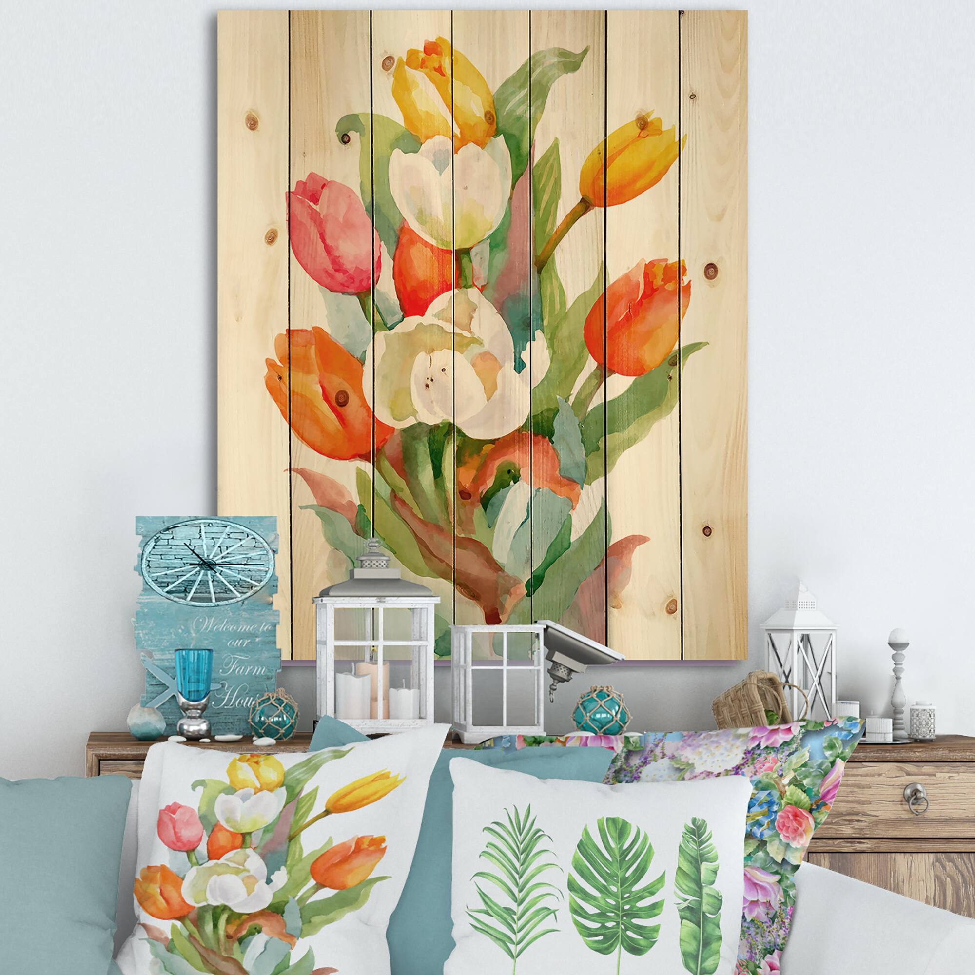 Designart - Blooming White and Orange Tulips Flower - Traditional Print on Natural Pine Wood