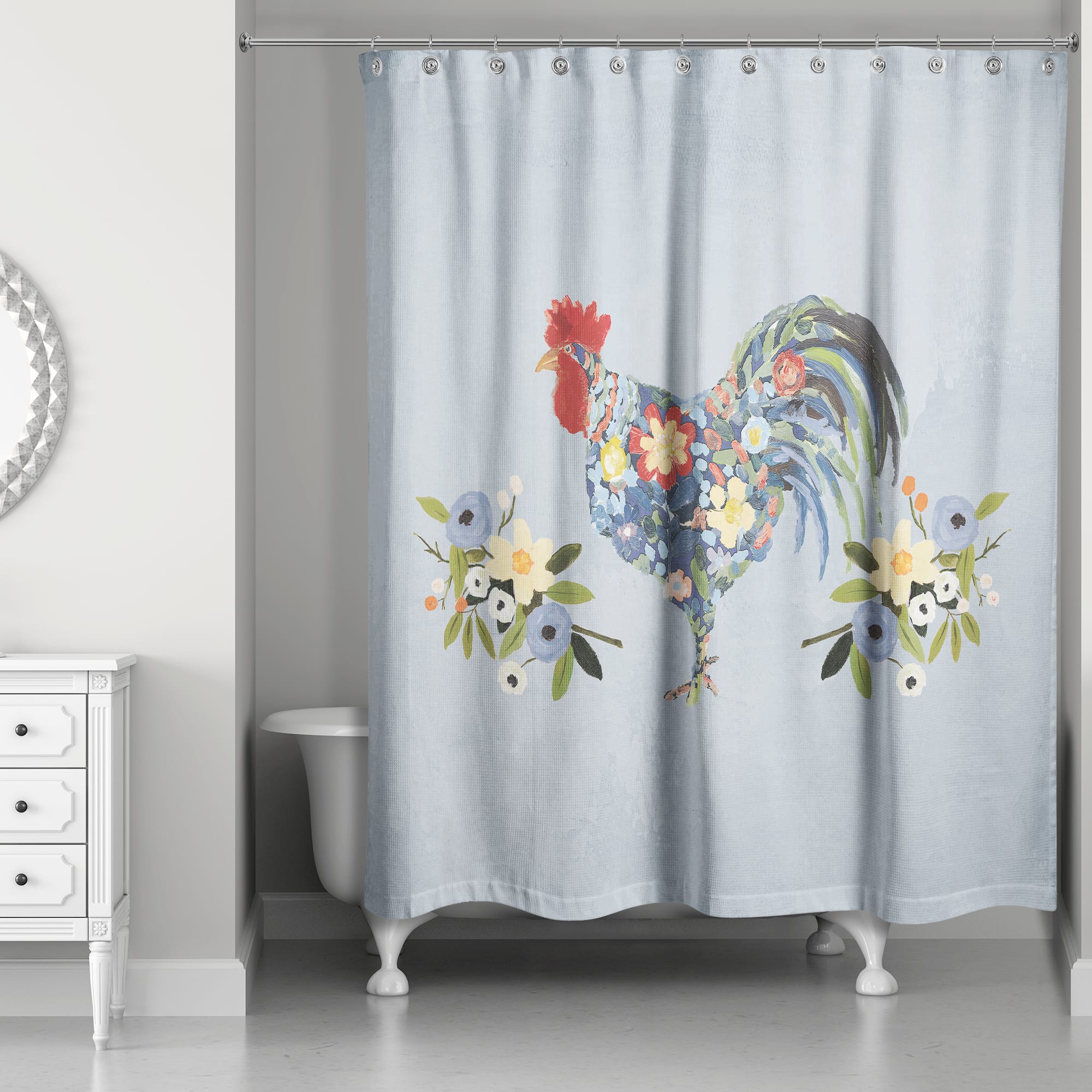 Floral Rooster Collage Blue 71" x 74" Shower Curtain