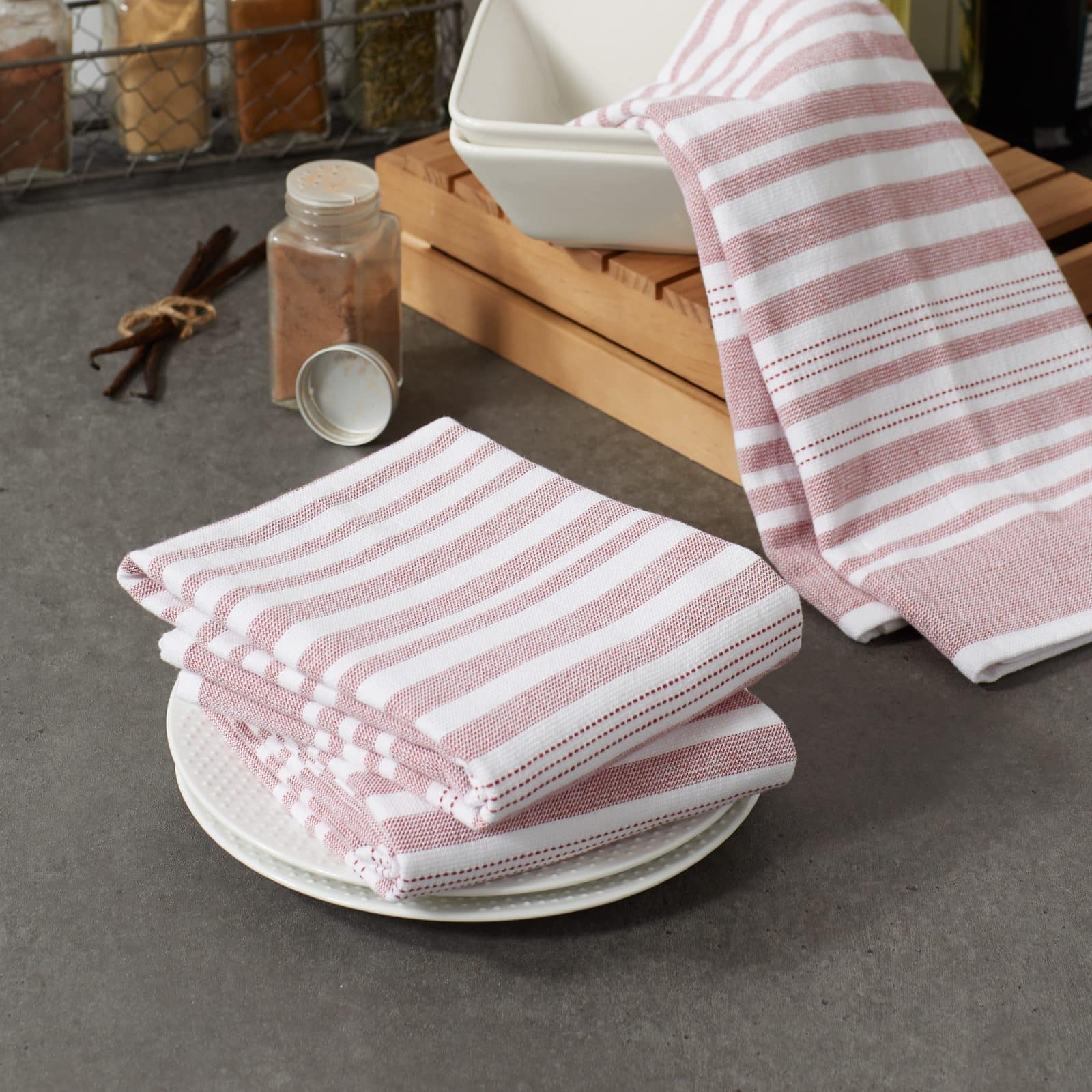 DII® Barn Red Variegated Stripe Terry Dishtowels, 3ct.
